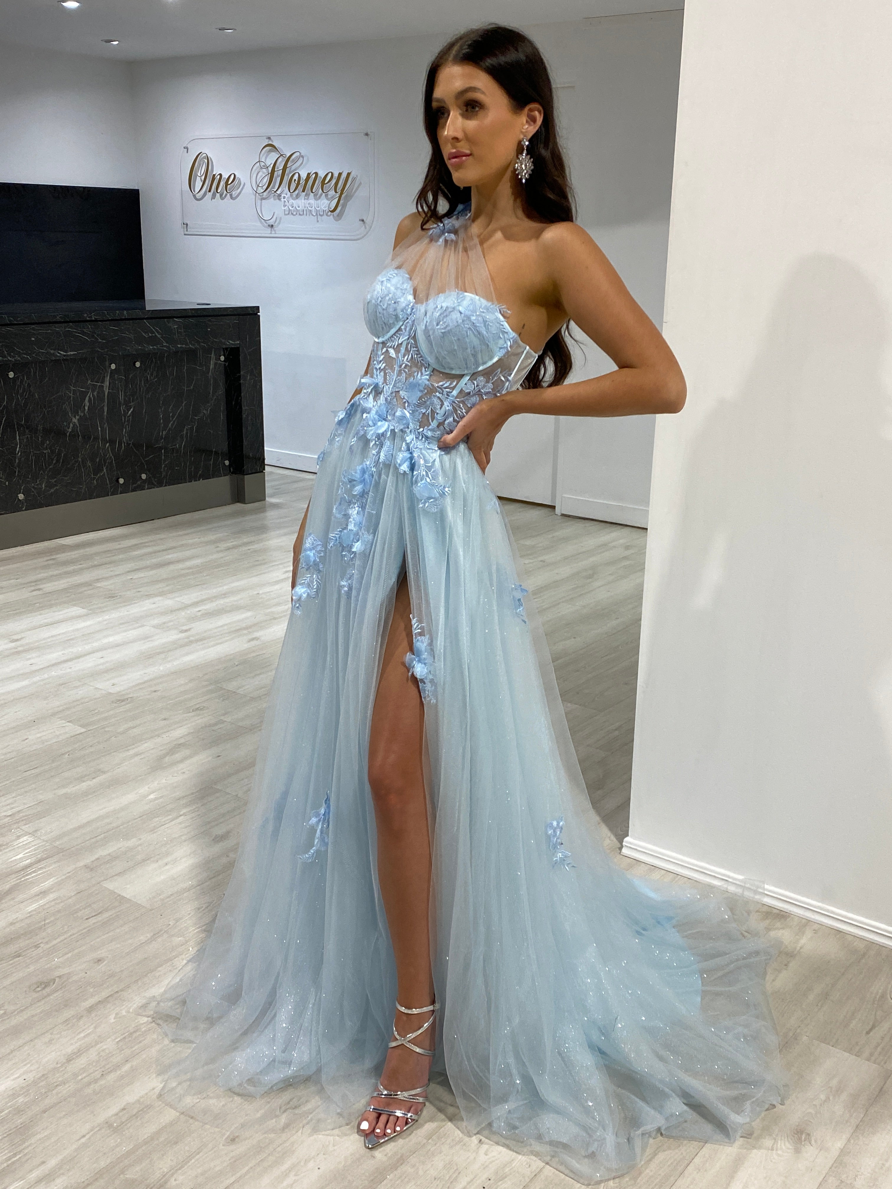 Honey Couture LUCIA Baby Blue Sheer Bustier Corset Tulle Formal Gown