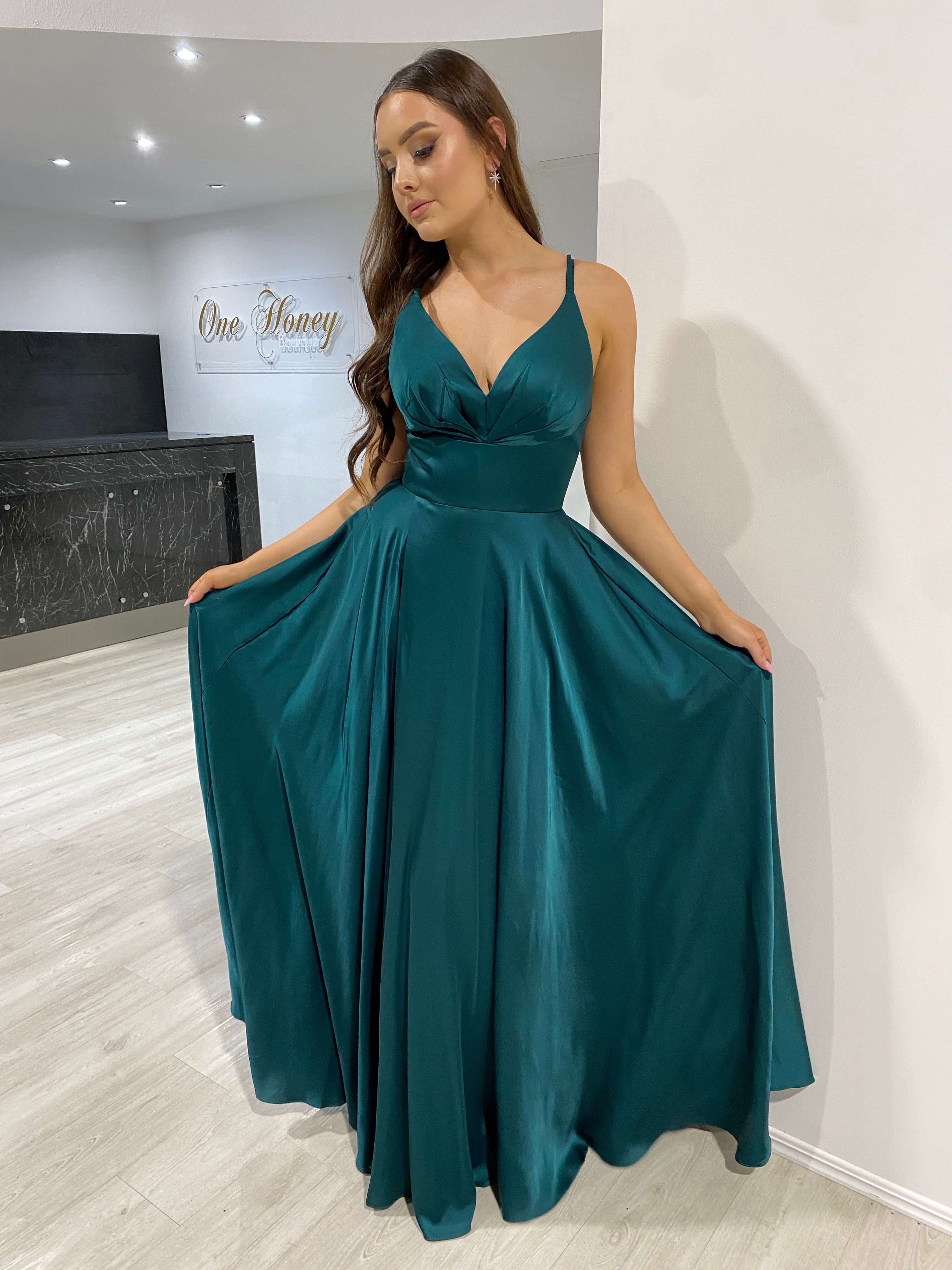 Honey Couture ROSALIA Emerald Green Silky A Line Formal Dress