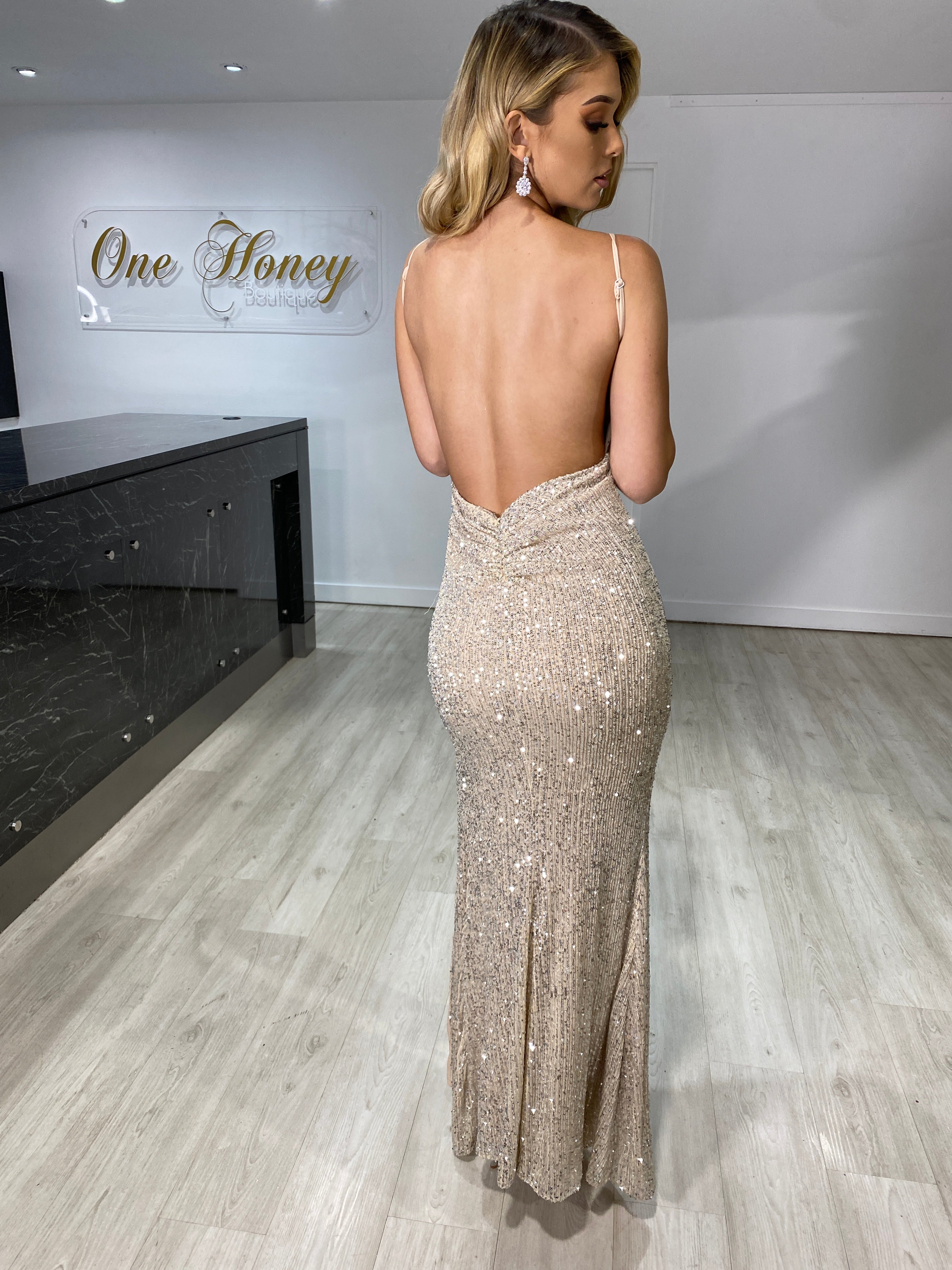 Honey Couture KAIA Champagne Gold Sequin Bum Ruching Low Back Dress