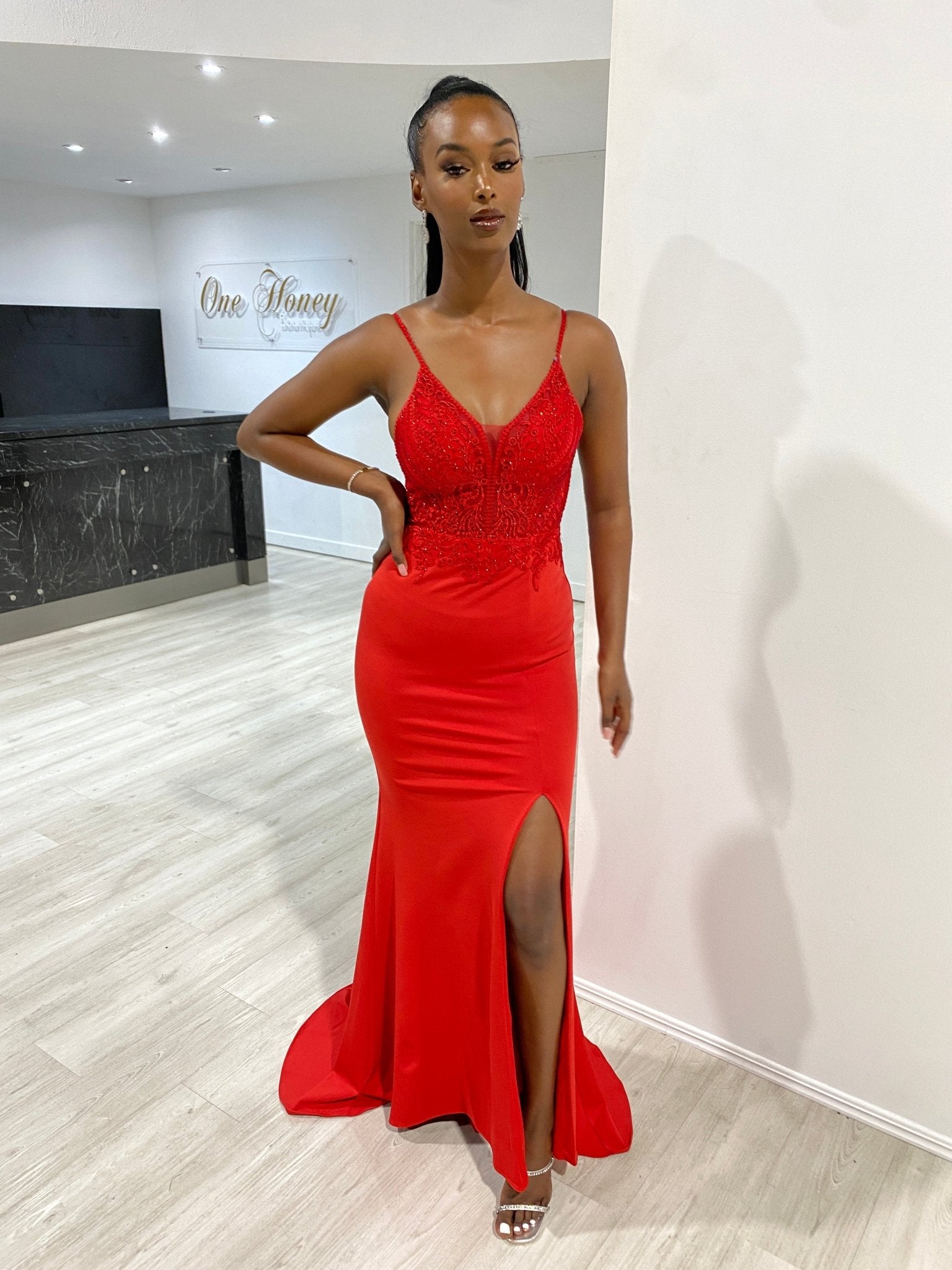 Honey Couture MIREN Lace Applique Mermaid Formal Prom Dress in Australia | One Honey Boutique