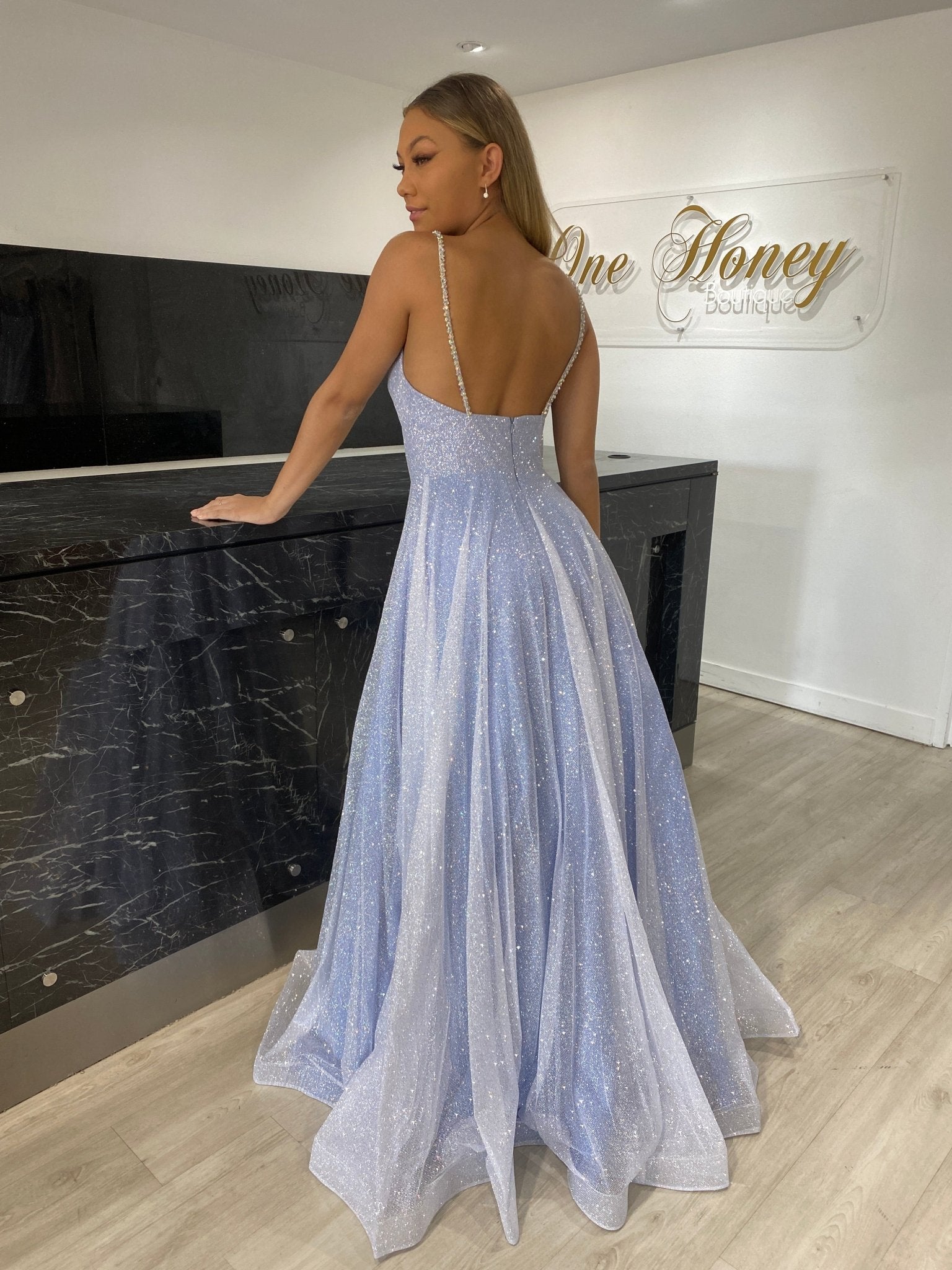 LIVIA Baby Blue Silver Glitter Ball Gown Formal Dress in Australia | One Honey Boutique