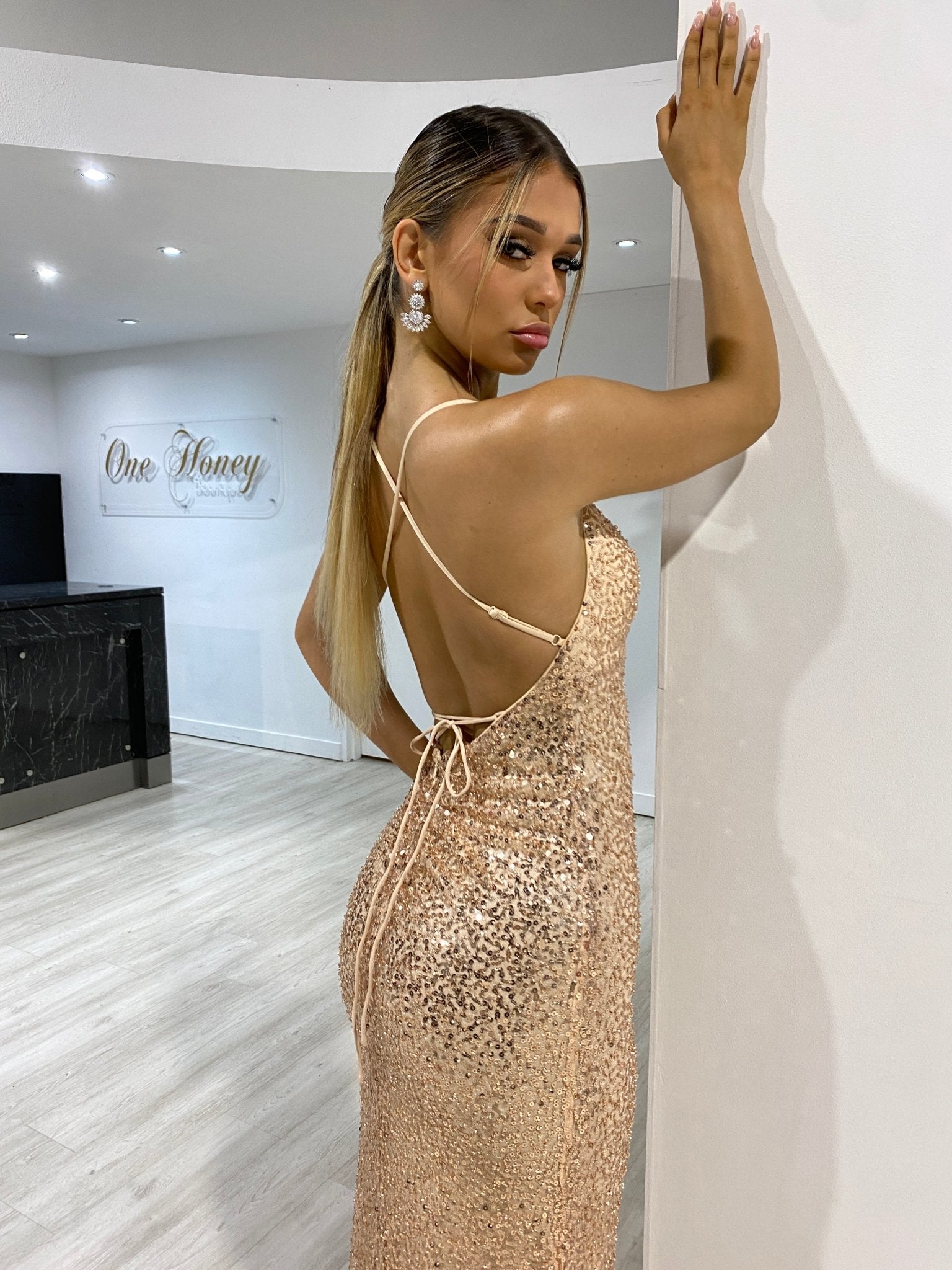 DEVINA Sequin Low Back Corset Lace Up Formal Dress in Australia | One Honey Boutique