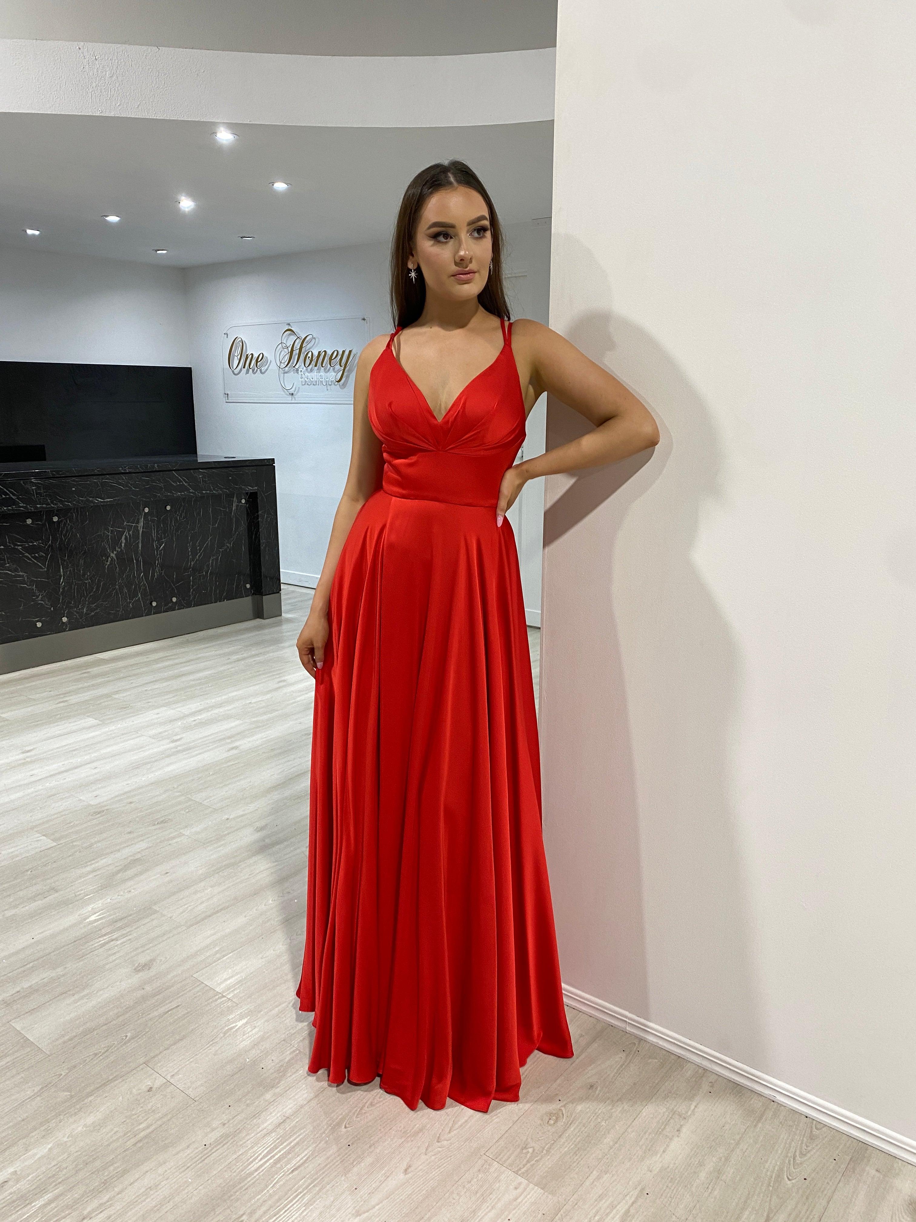Honey Couture ROSALIA Red Silky A Line Formal Dress