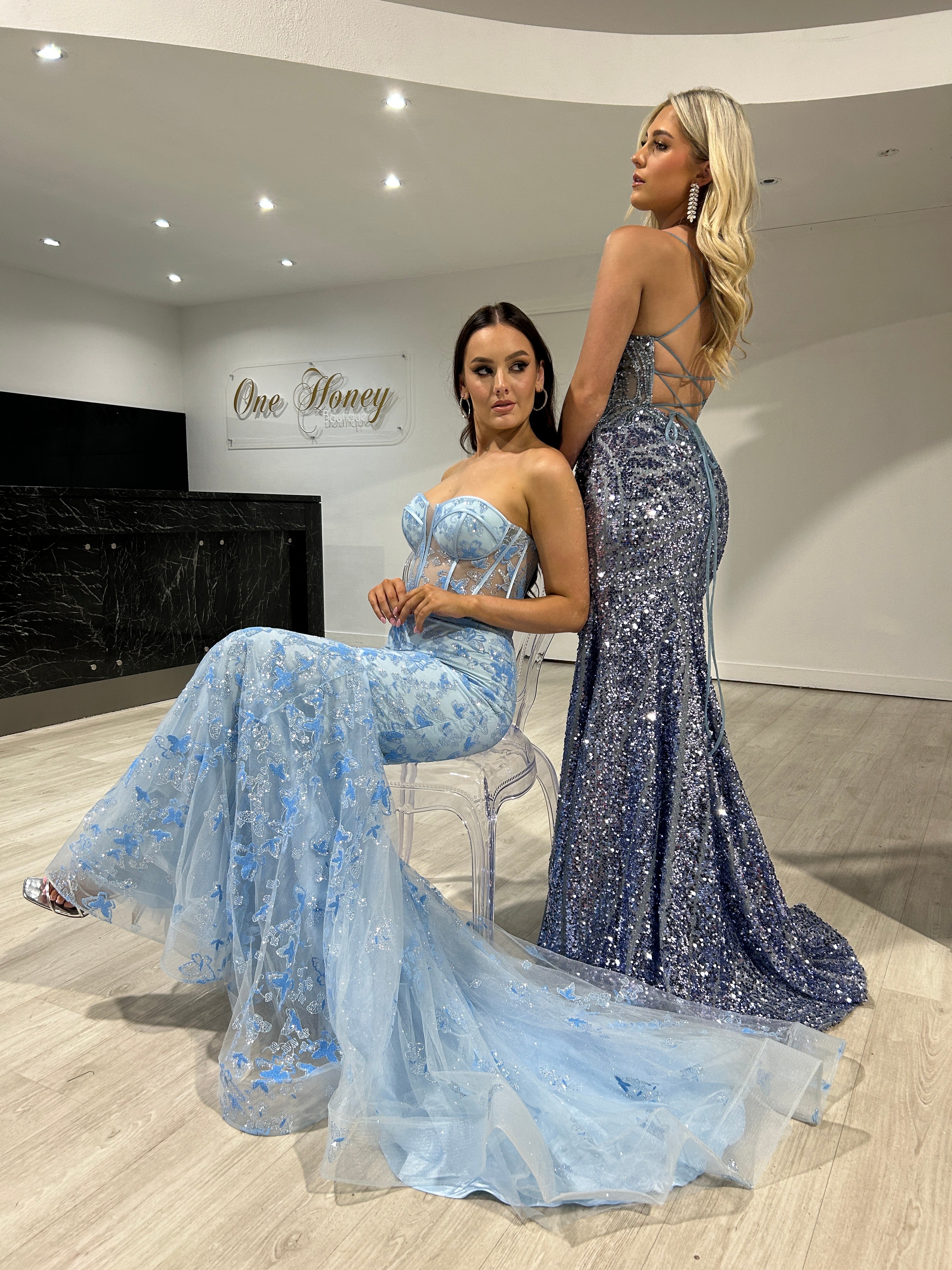 Honey Couture ENID Blue Glitter Strapless Bustier Mermaid Formal Dress