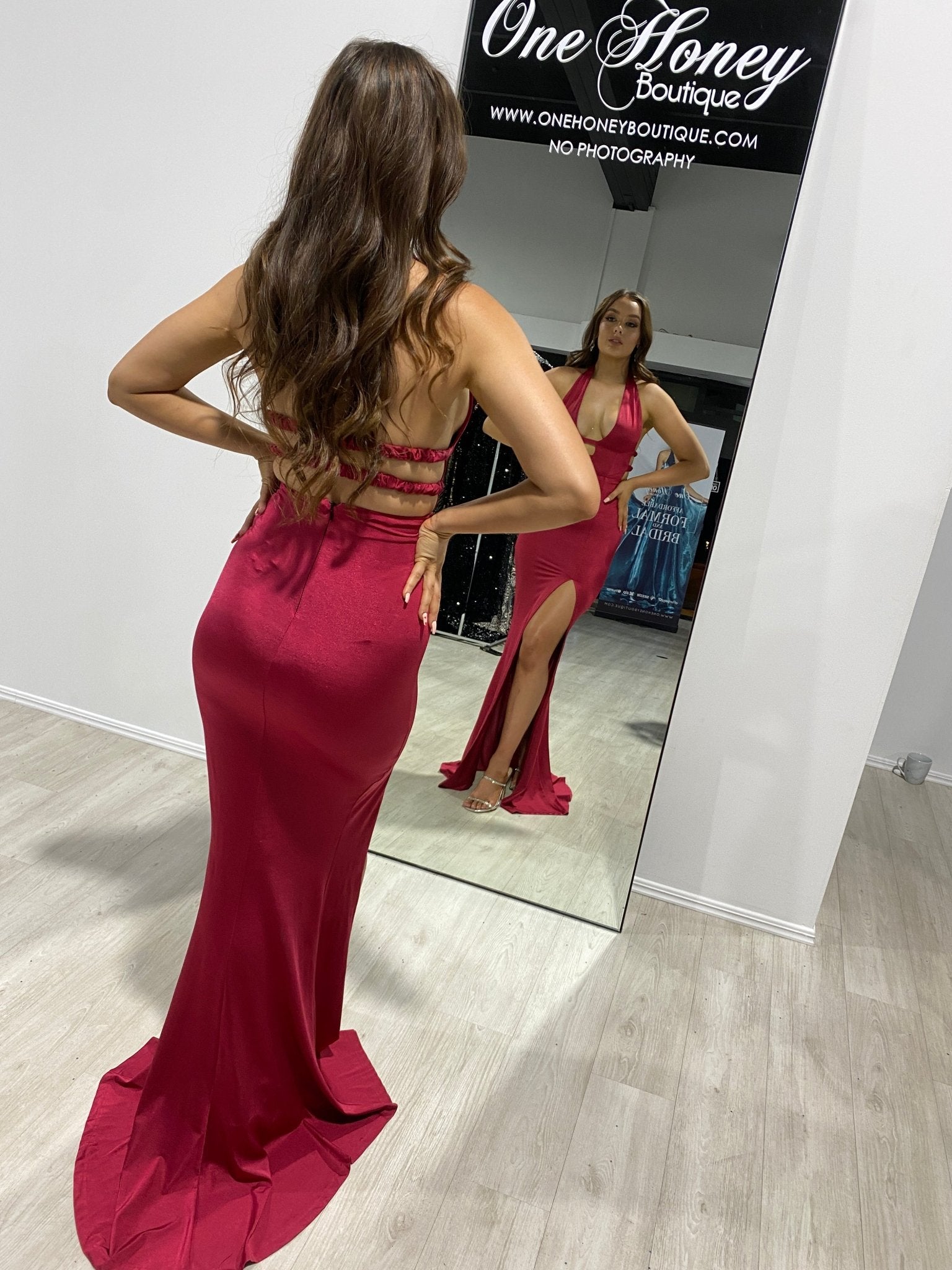 Honey Couture LEYA Burgundy Plunge Front Halter Formal Dress in Australia | One Honey Boutique