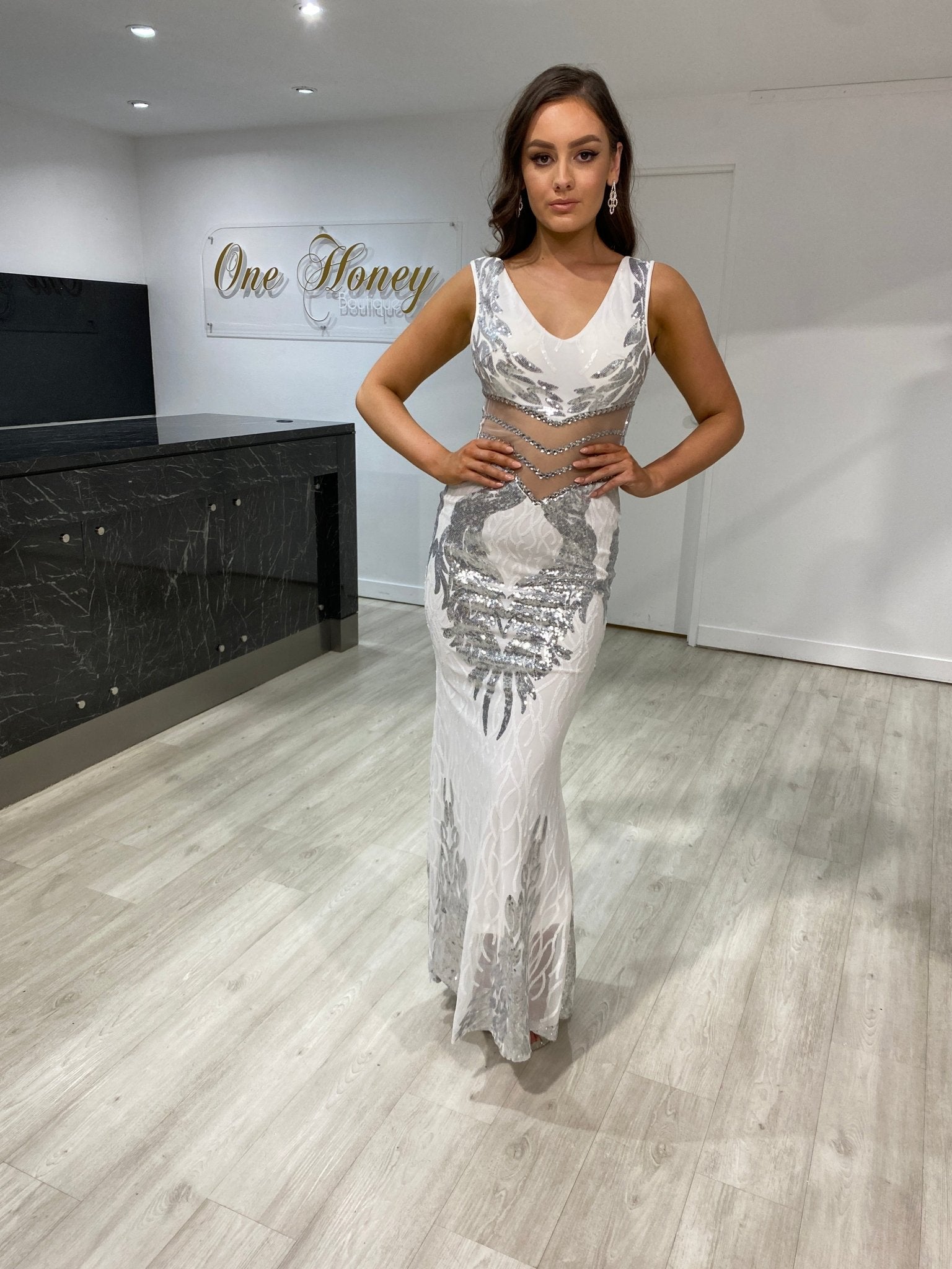 Honey Couture LEIGHTON White Mesh Sequin Formal Dress in Australia | One Honey Boutique