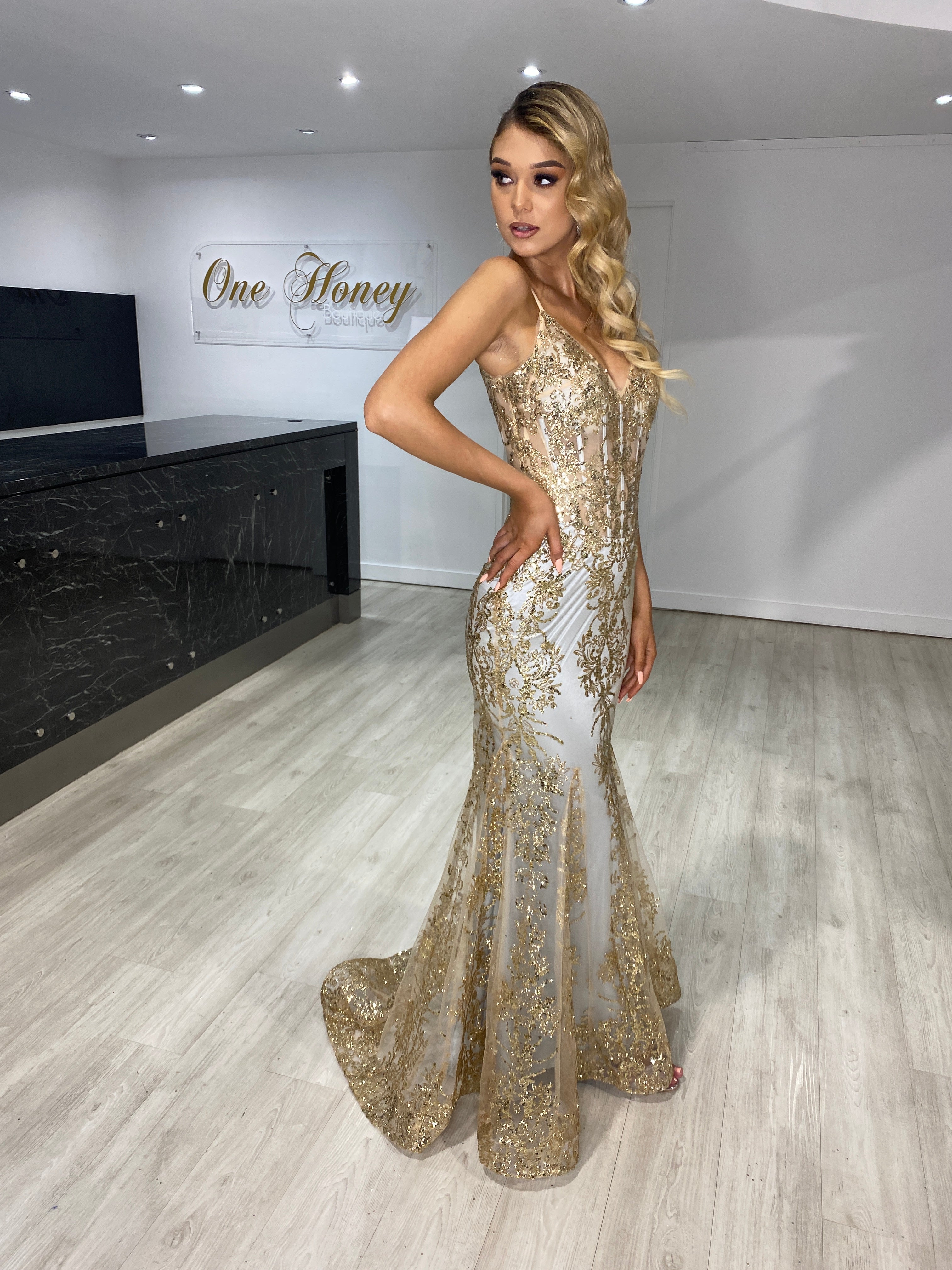 Honey Couture CAROLE Gold Mist Sequin Corset Mermaid Formal Gown Dress