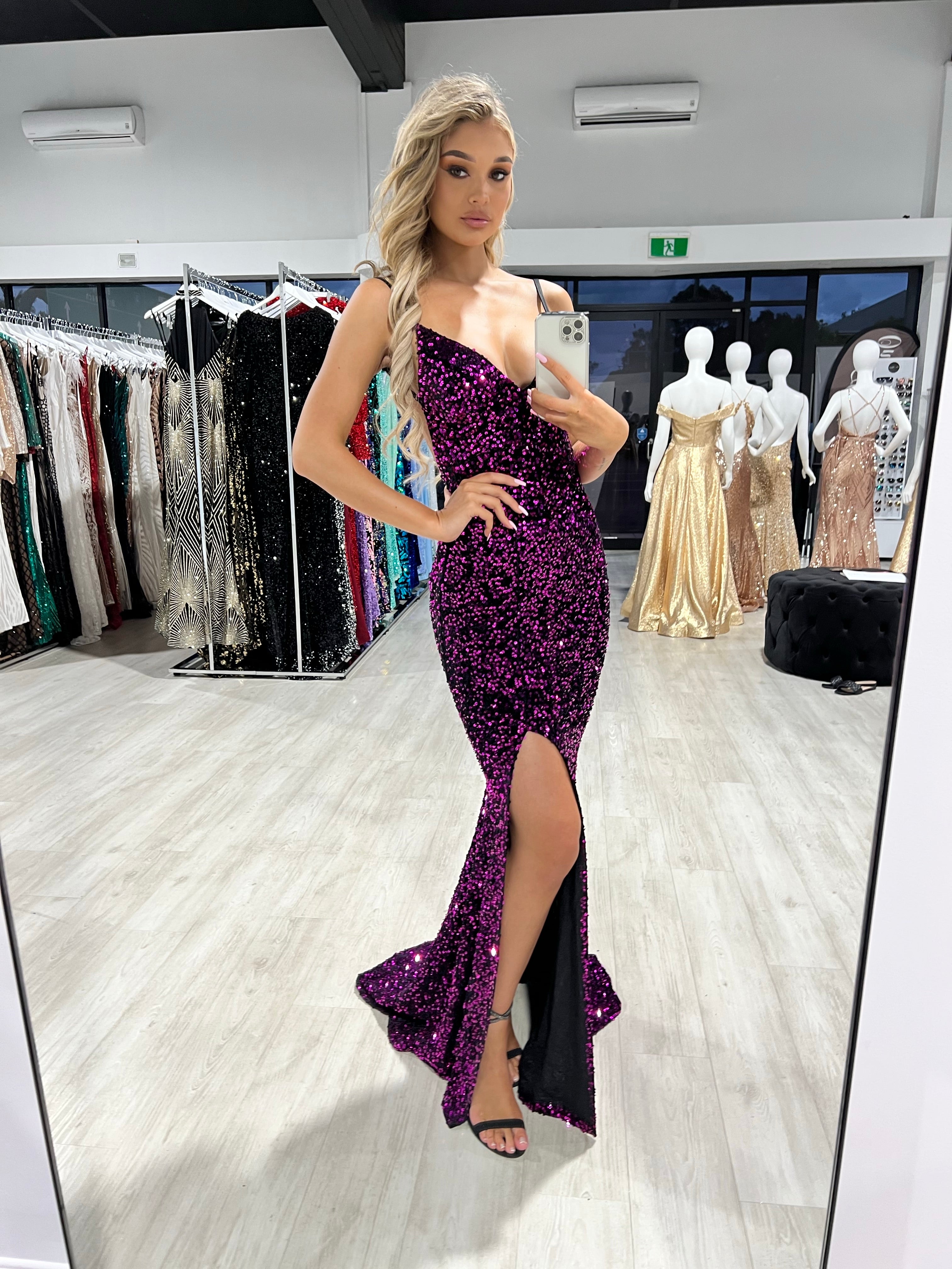 Honey Couture KAYTUM Dark Purple Sequin Mermaid Evening Gown Dress