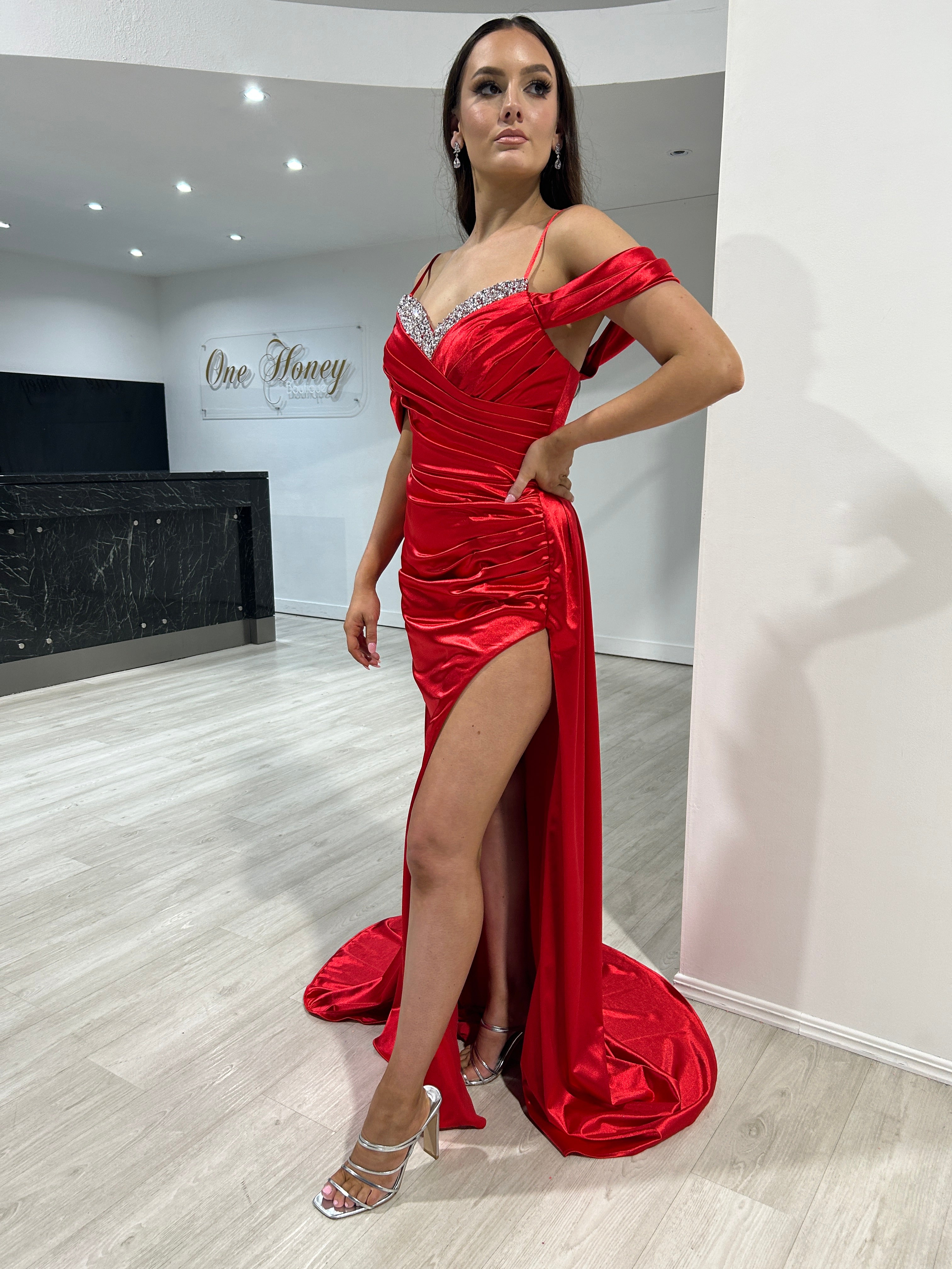 Honey Couture RIRI Red Beaded Silky Corset Ruched Formal Gown Dress