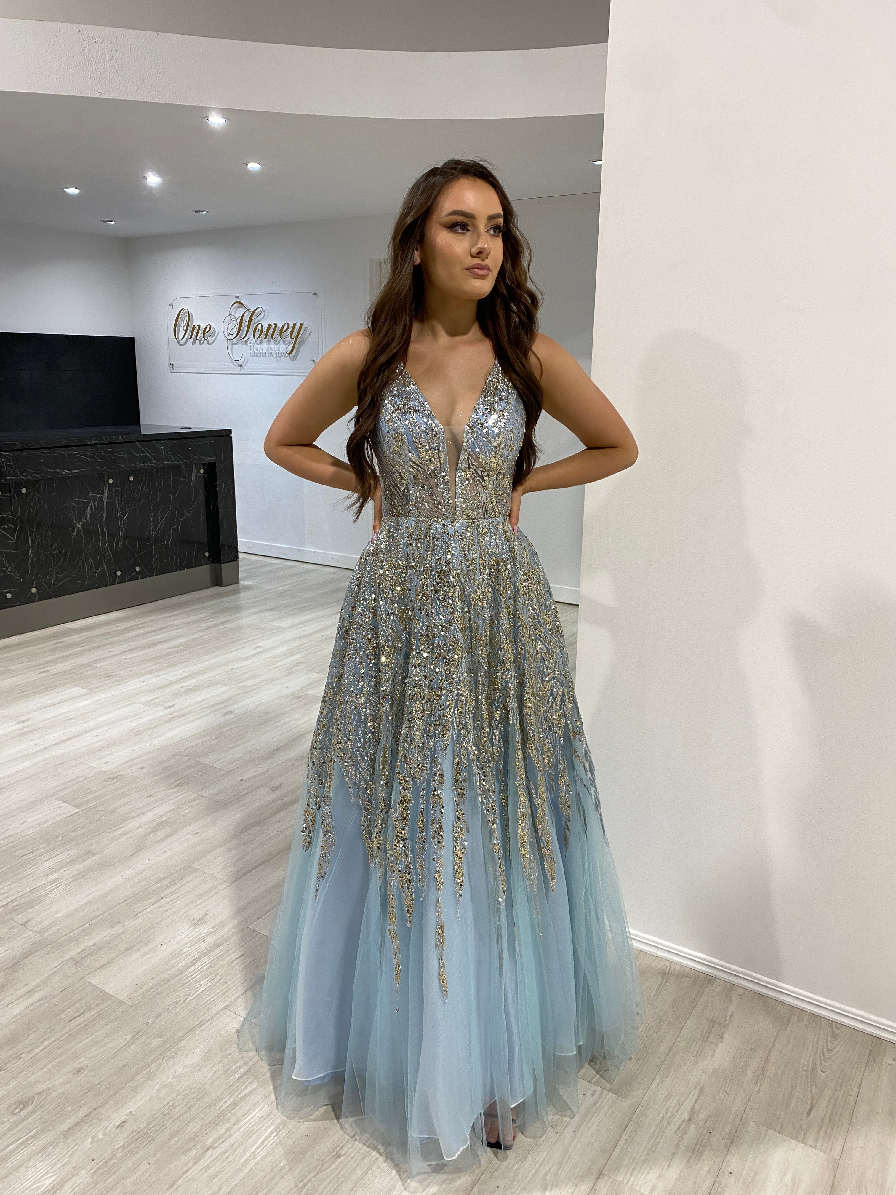 Honey Couture VIANNE Light Baby Blue Glitter Tulle Formal Dress