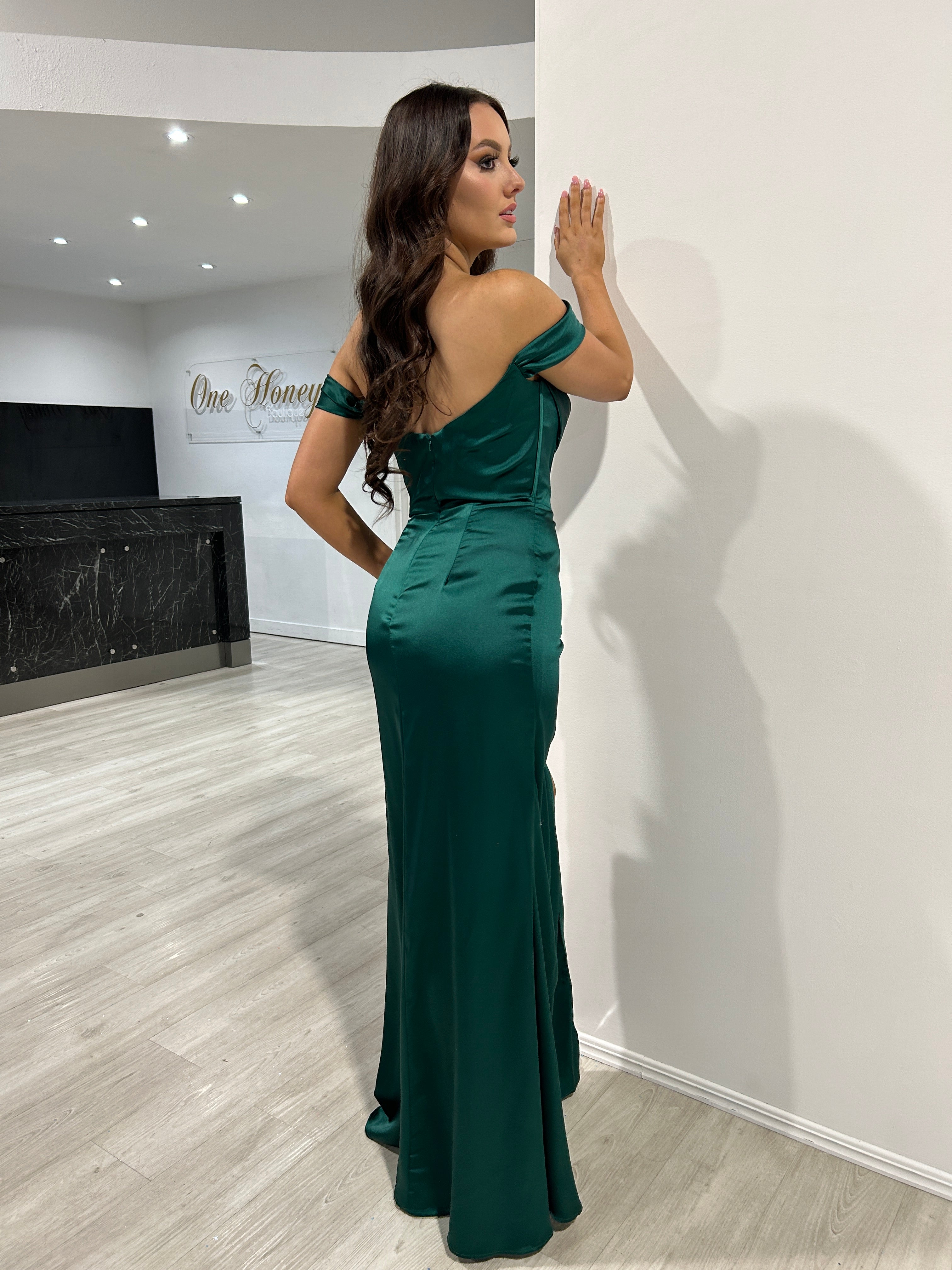 Honey Couture CECE Emerald Satin Off The Shoulder Corset Bustier Formal Dress