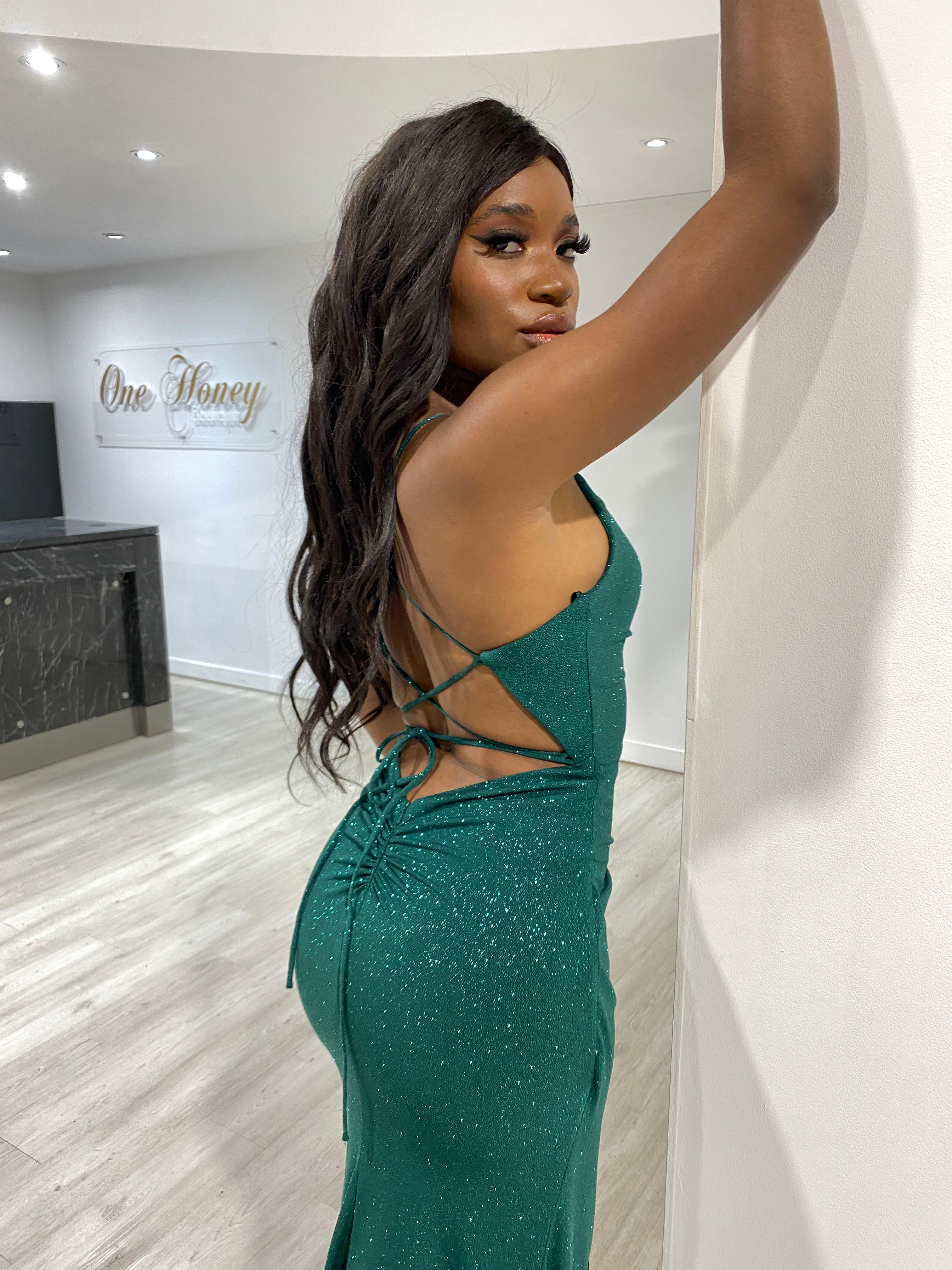 Honey Couture CRISTELLA Emerald Green Crystal Feature Mermaid Formal Gown