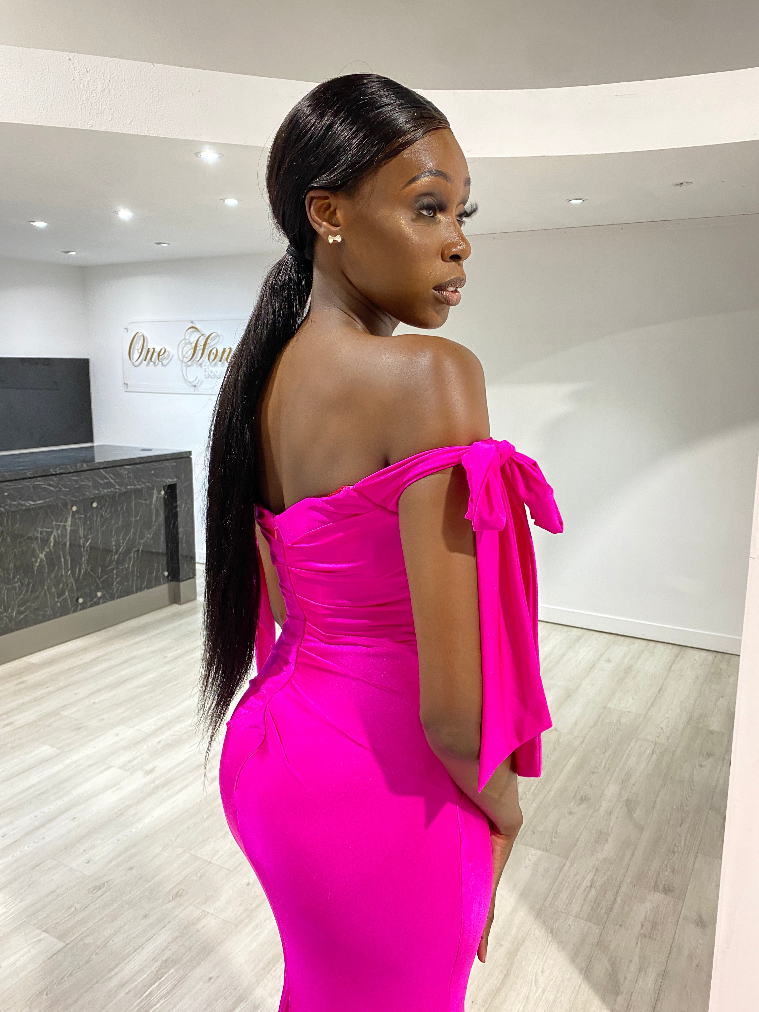 Honey Couture BELLE Fuchsia Hot Pink Off Shoulder Mermaid Formal Dress