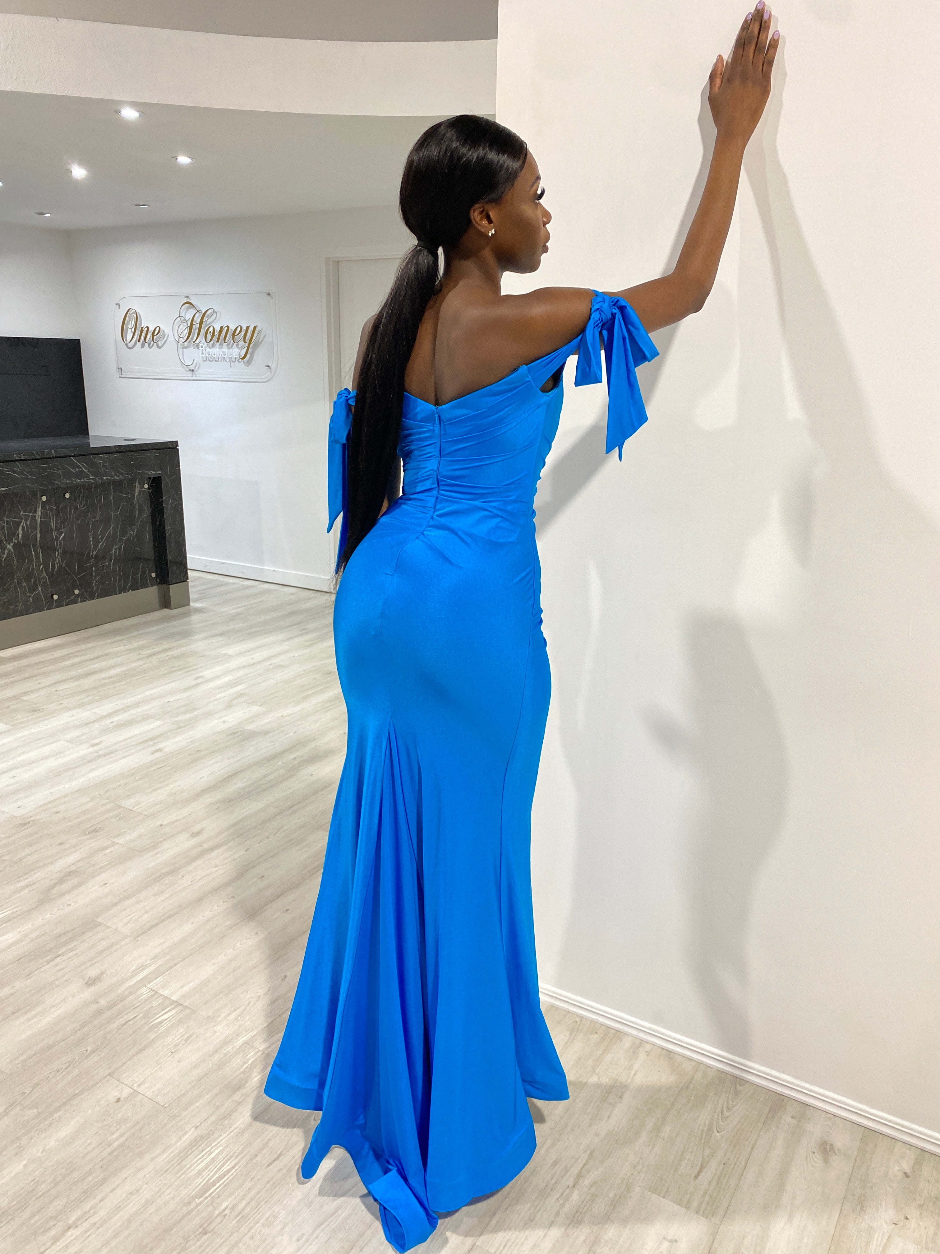Honey Couture BELLE Cyan Green Blue Off Shoulder Mermaid Formal Dress