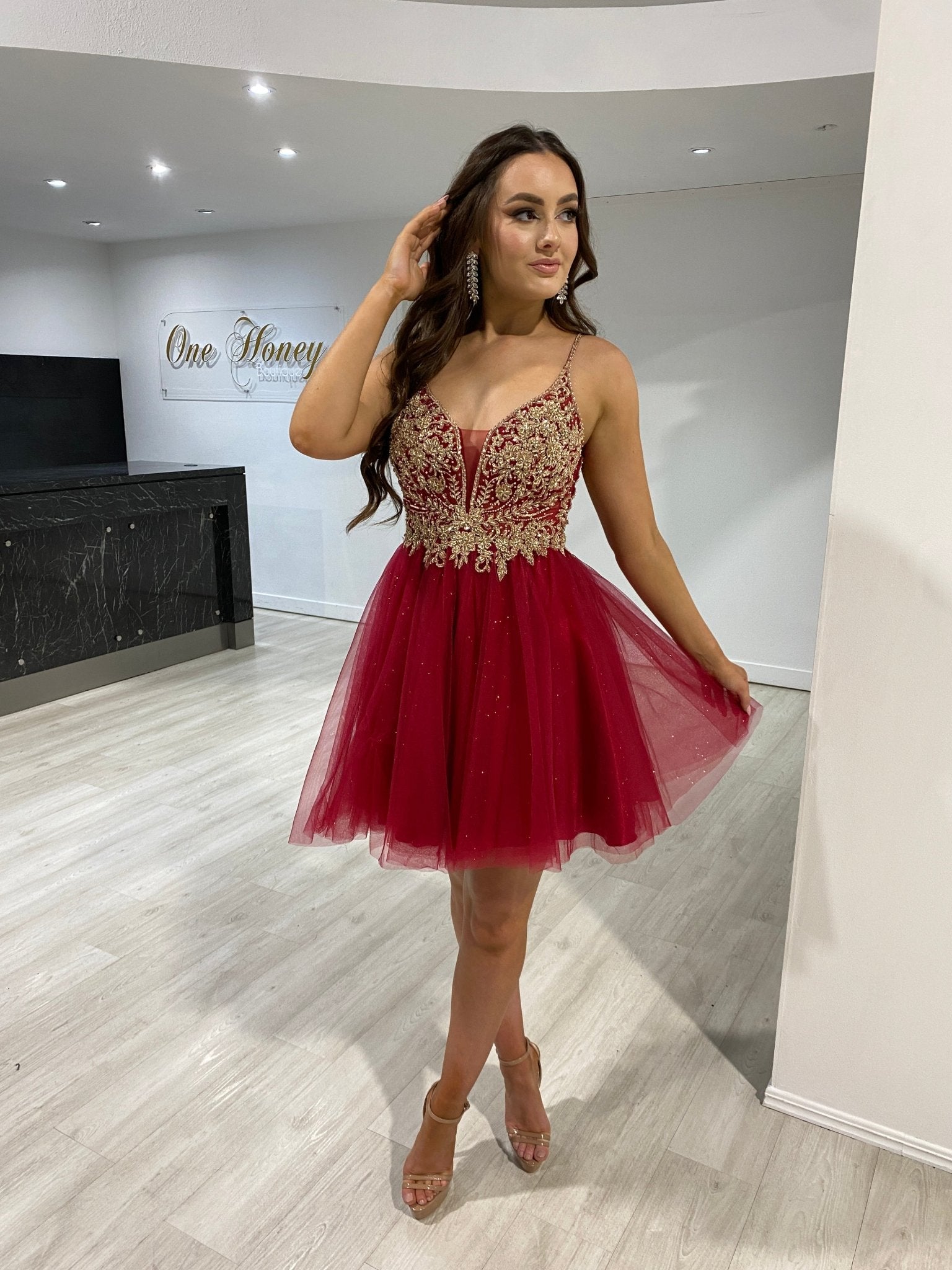 Honey Couture AMBROSIA Burgundy & Gold Sequin Beaded Strap Tulle Frilly Party Dress in Australia | One Honey Boutique