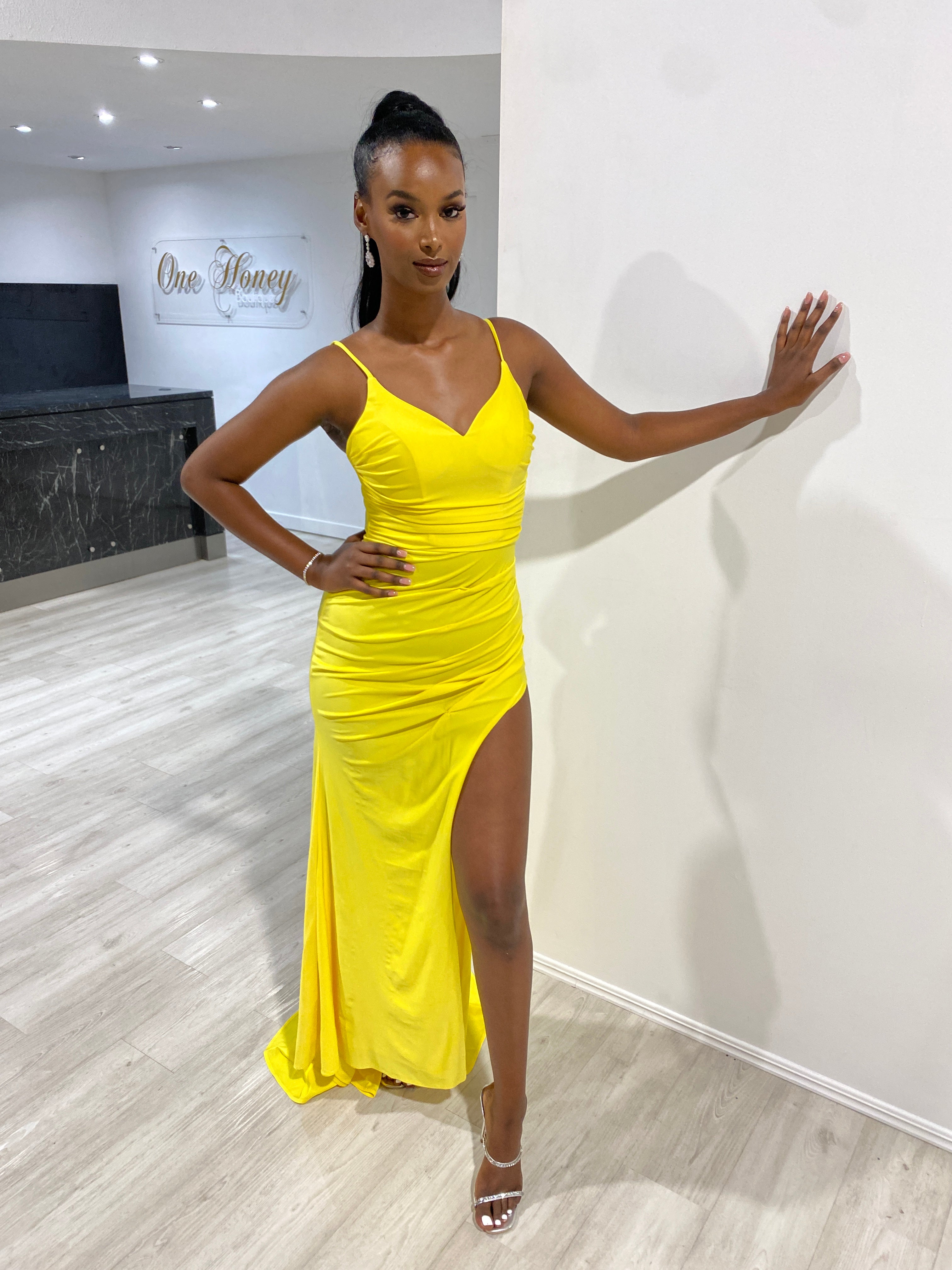 Honey Couture ZURI Neon Yellow Corset Ruched Formal Gown Dress