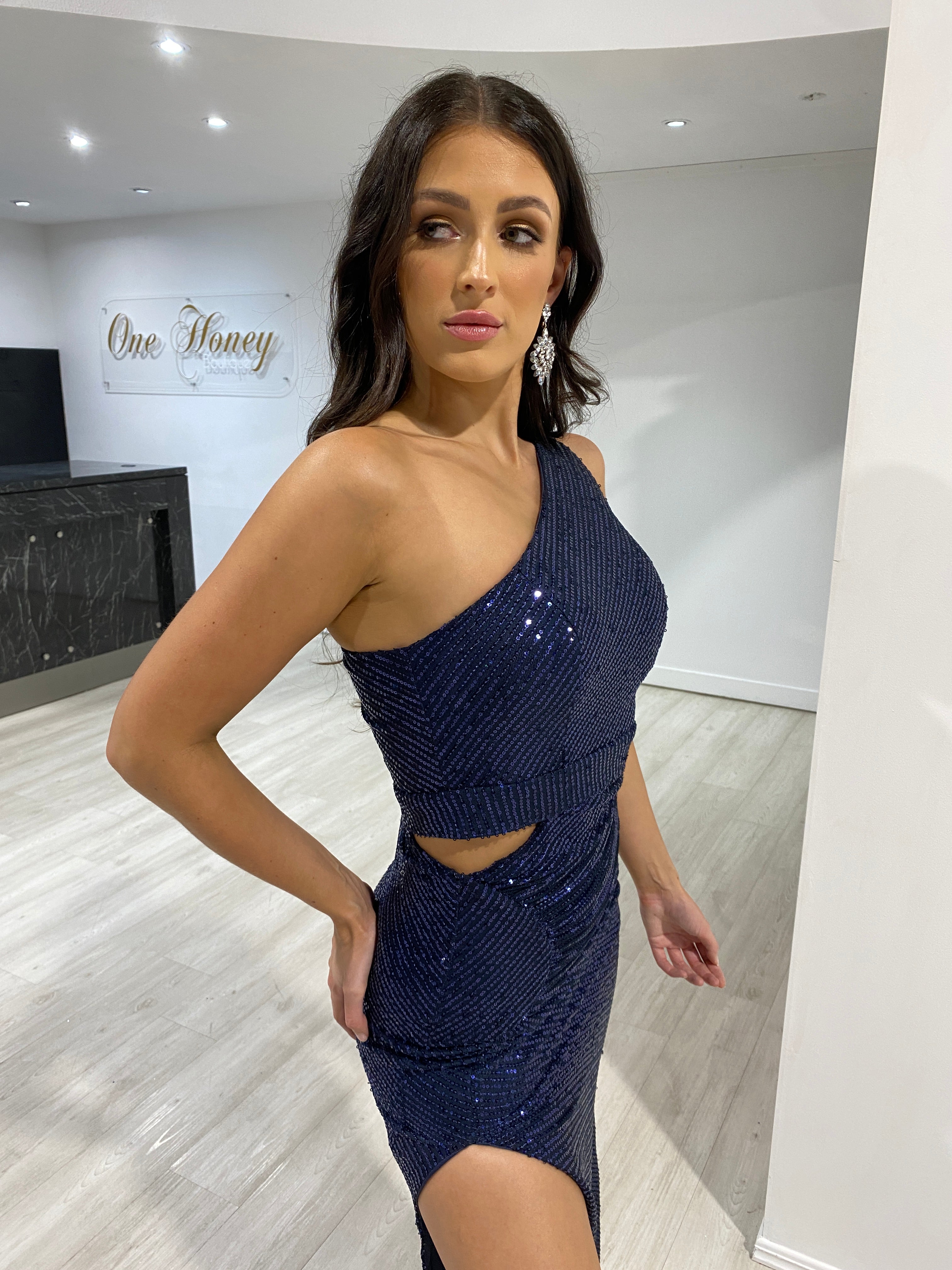Honey Couture ALEXA Navy Blue One Shoulder Cut Out Formal Dress