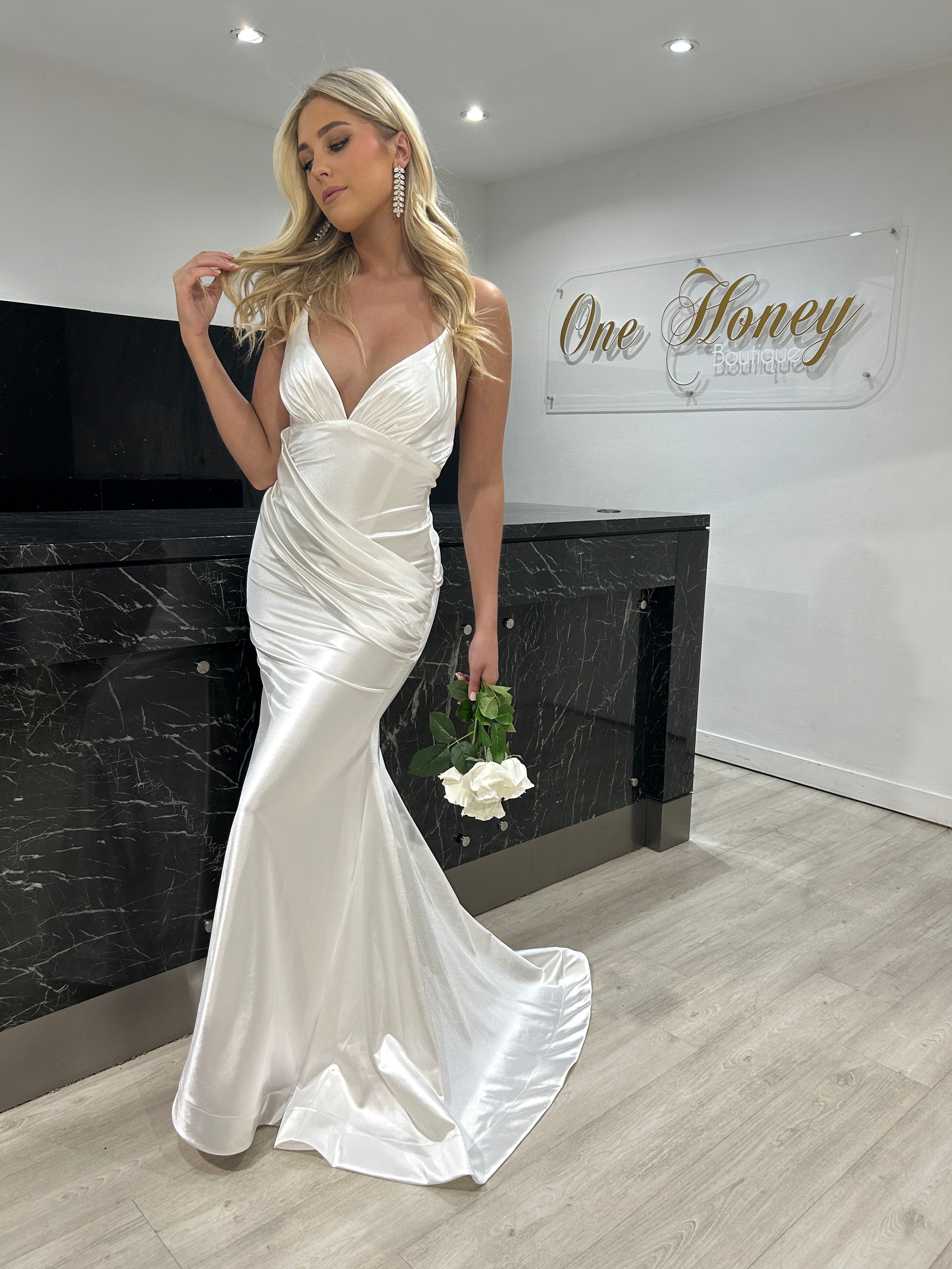 Honey Couture COCO Off White Low Back Bum Ruching Mermaid Formal Dress