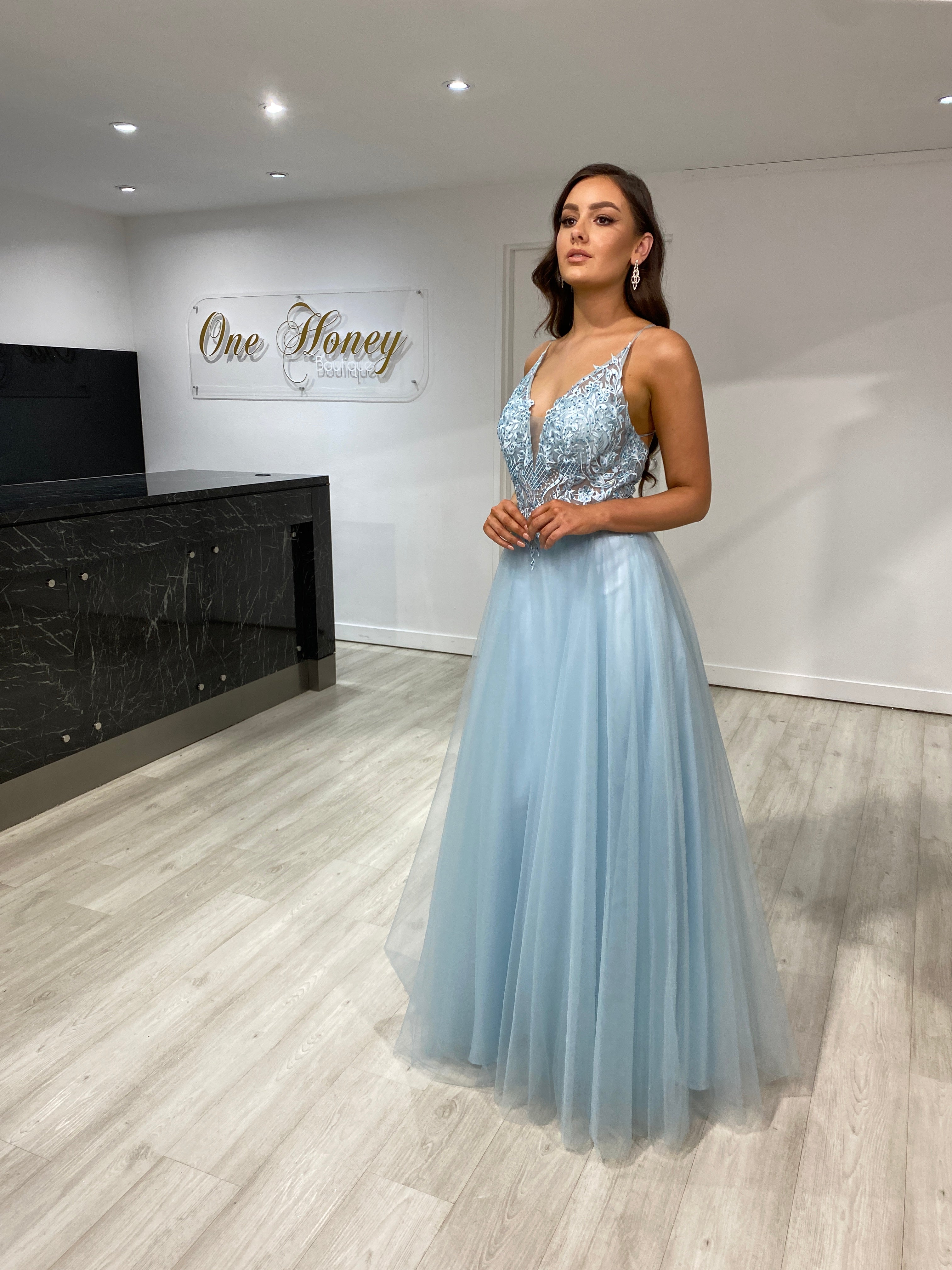 Honey Couture INEZ Baby Blue Tulle Lace Gown Formal Dress