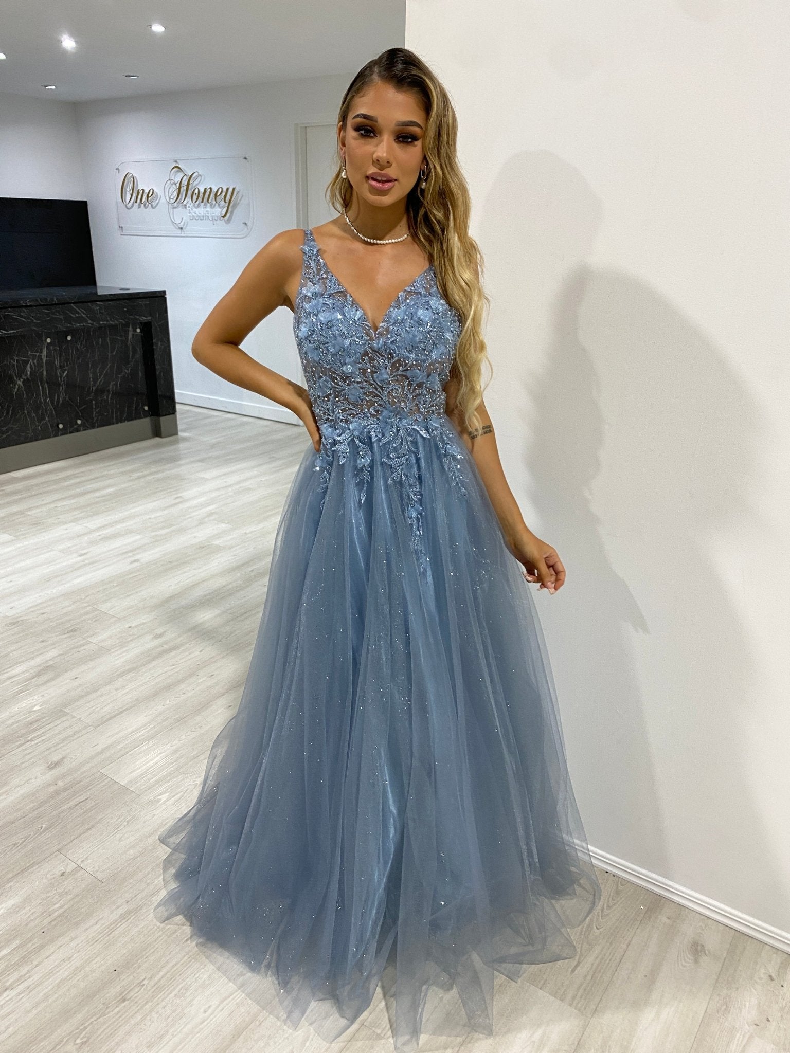 DEMIKA 3D Floral Applique Tulle Formal Gown Dress in Australia | One Honey Boutique