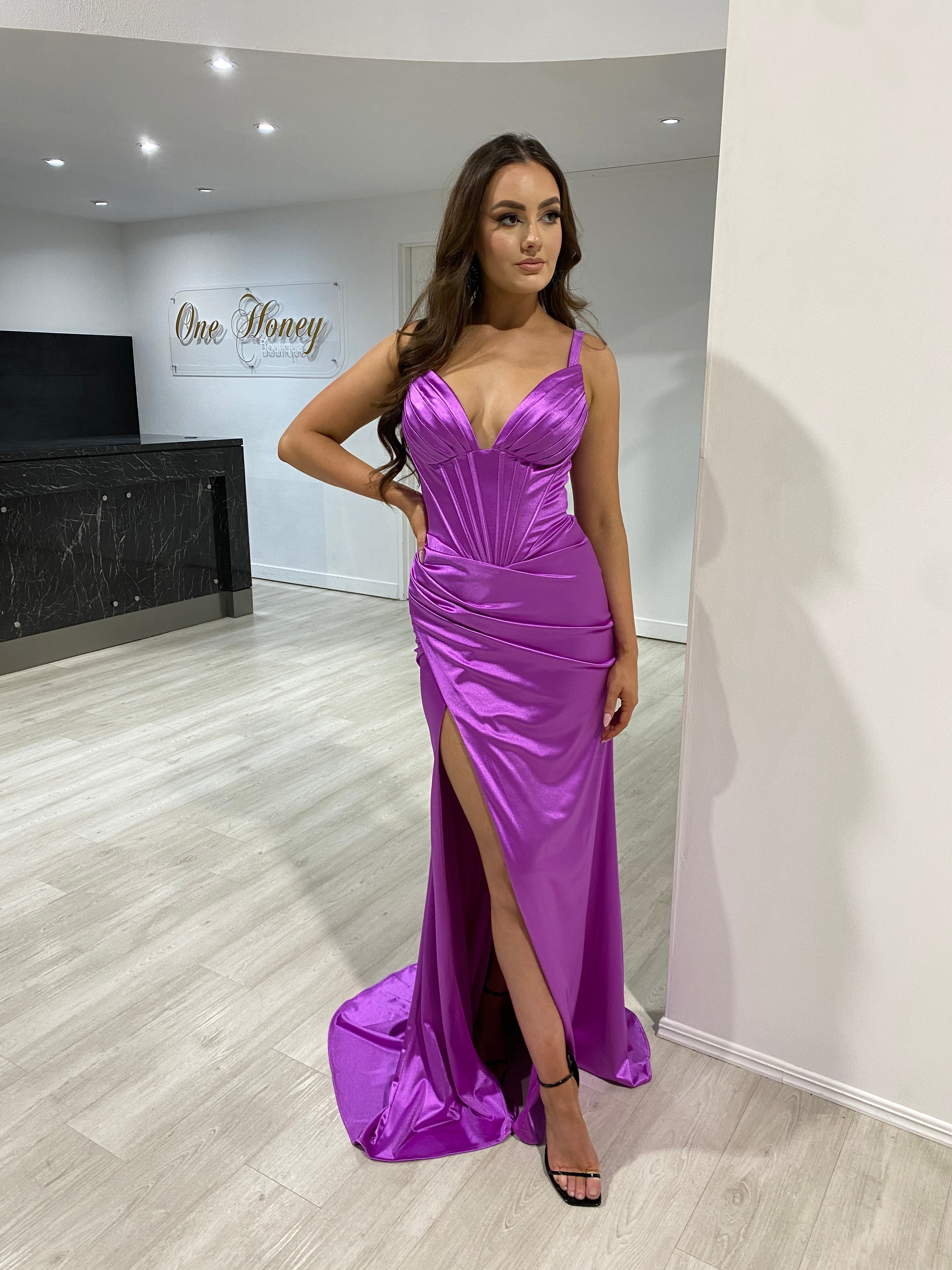 Honey Couture JADE Magenta Purple Silky Satin Corset Leg Split Formal Dress