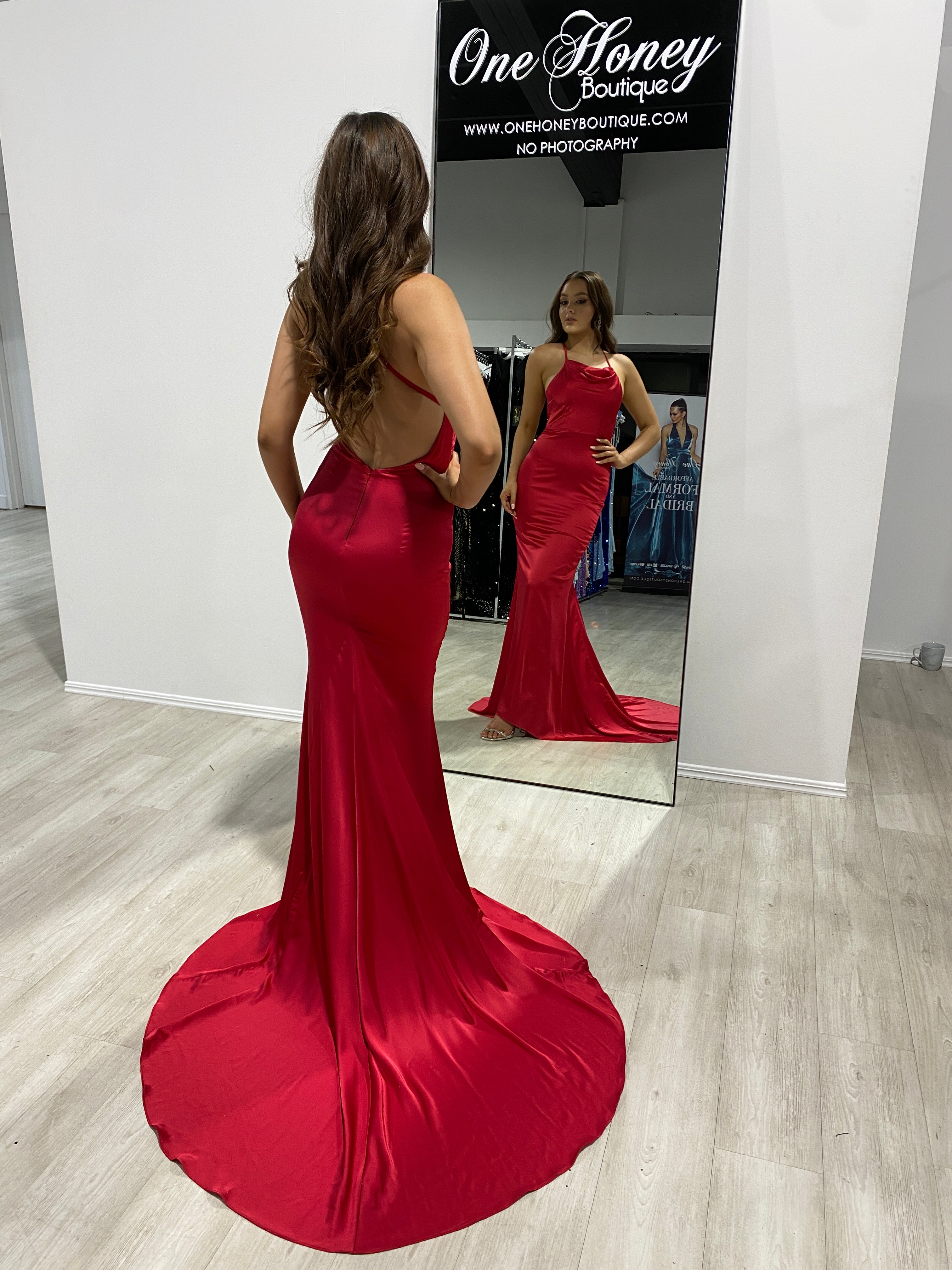 Honey Couture CANDICE Red Silky Low Back Mermaid Formal Dress