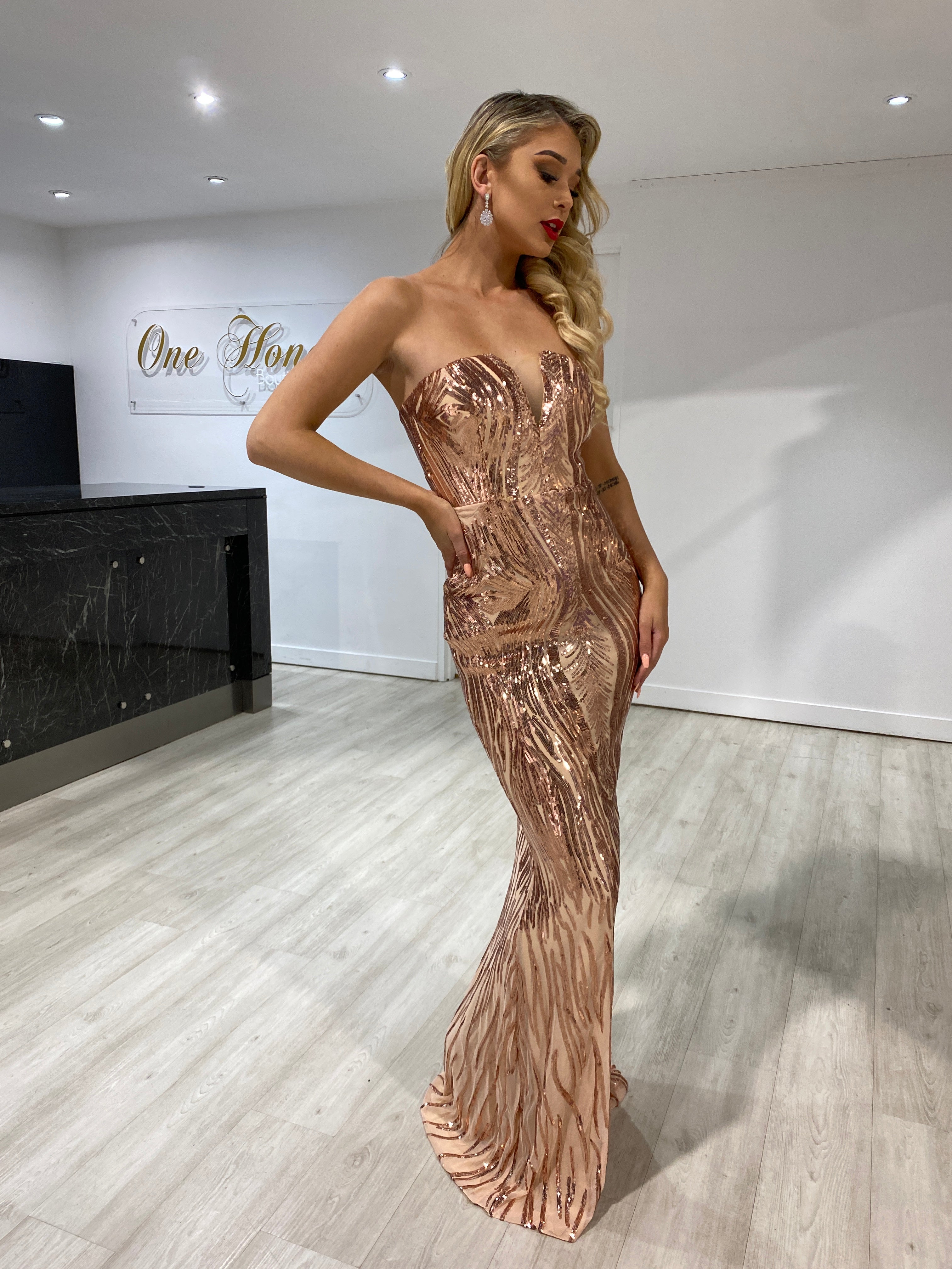 Honey Couture GWEN Gold Sequin Strapless Formal Dress