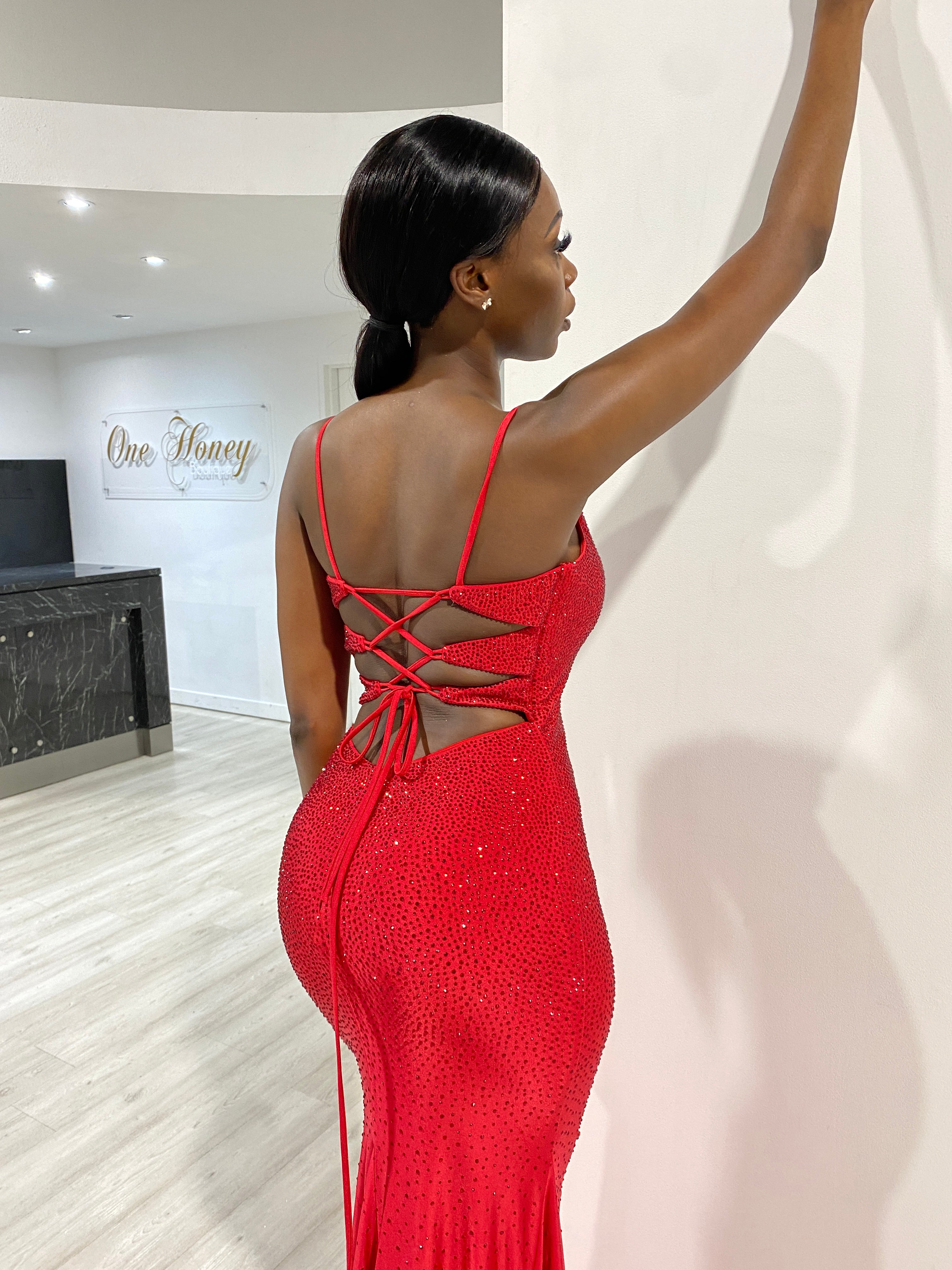 Honey Couture JULIANA Red Lace Up Back Diamante Mermaid Formal Dress