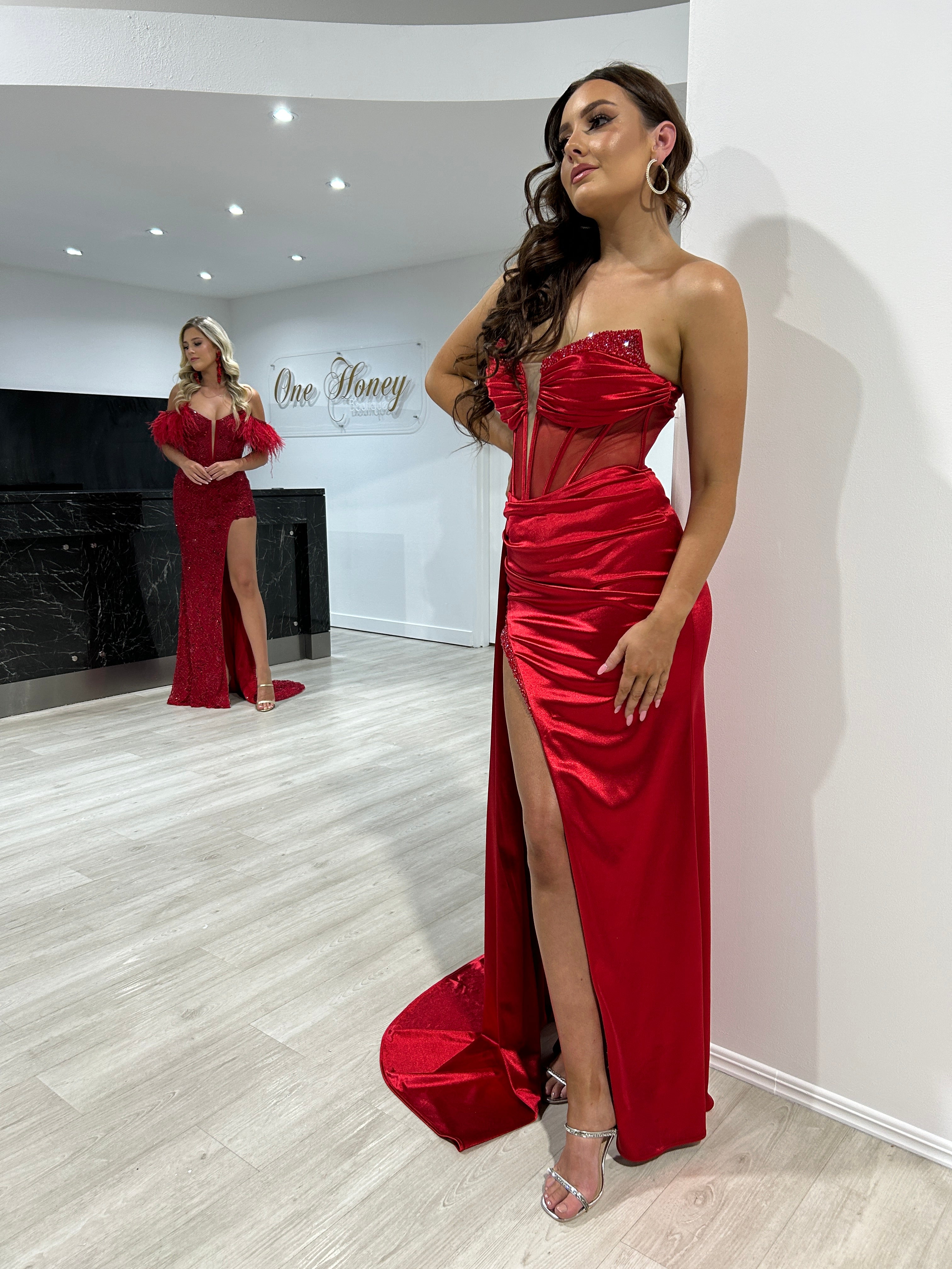 Honey Couture FINA Red Strapless Satin Diamanté Detail Corset Bustier Formal Dress