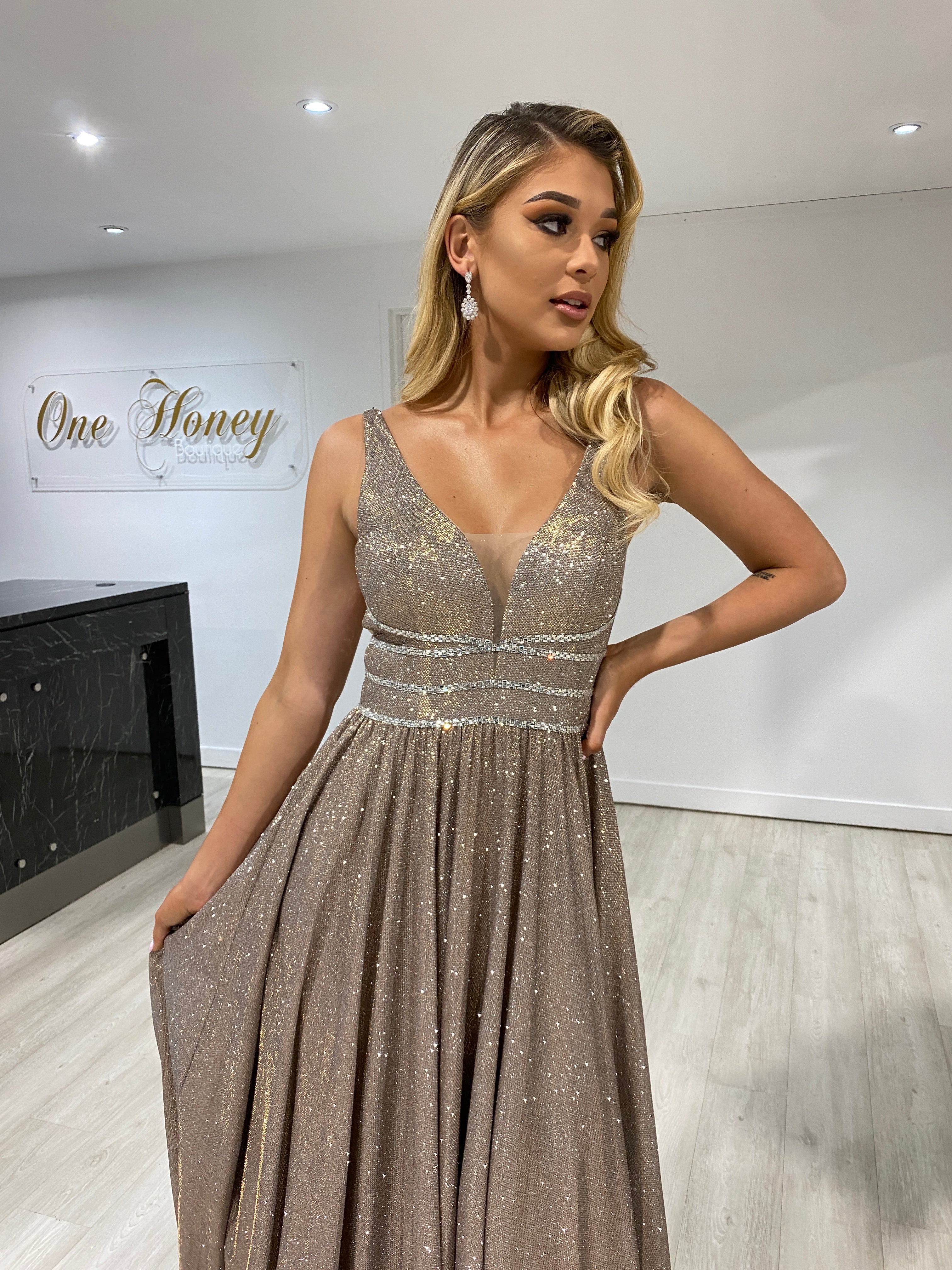 Honey Couture ANYA Copper Shimmer A Line Formal Gown Dress