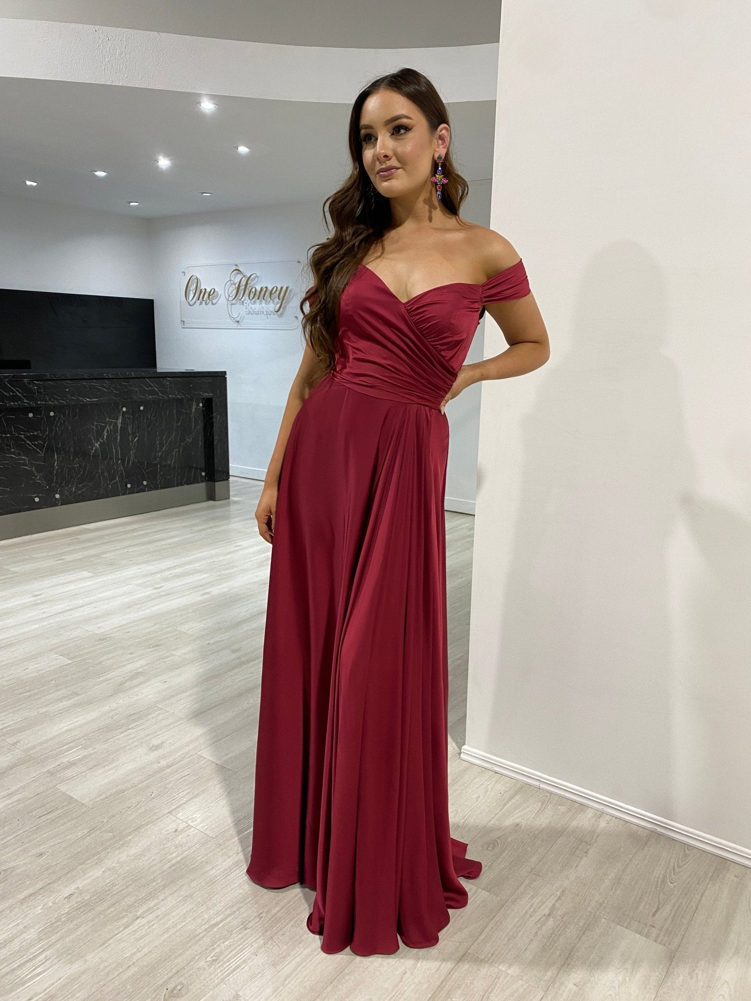 AURA Off the Shoulder Silky A Line Bridesmaid Formal Dress in Australia | One Honey Boutique