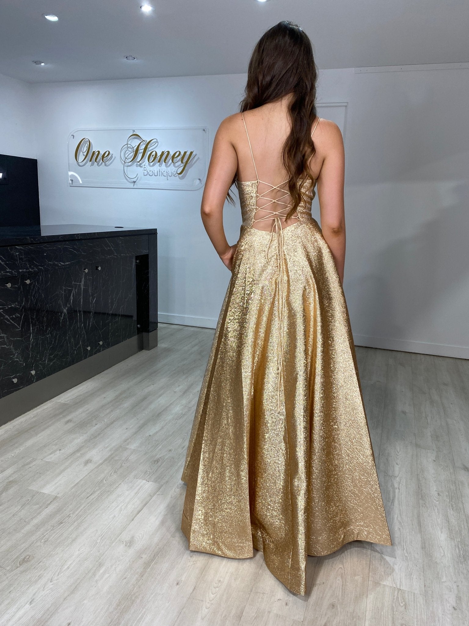 Honey Couture ADORA Gold Metallic Shimmer Lace Up Corset Back Formal Gown Dress in Australia | One Honey Boutique