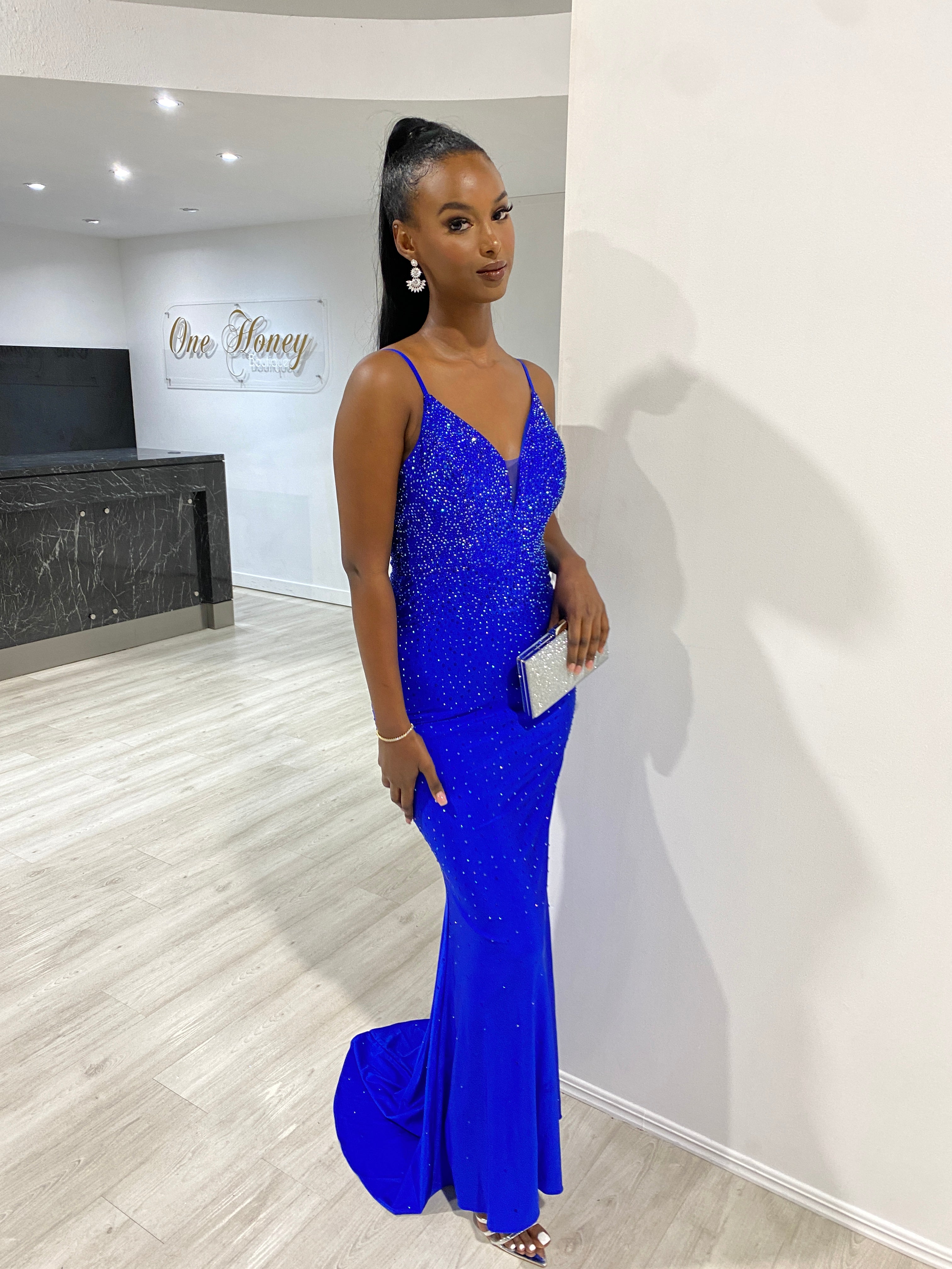 Honey Couture MARISE Royal Blue Diamante Feature Mermaid Formal Dress