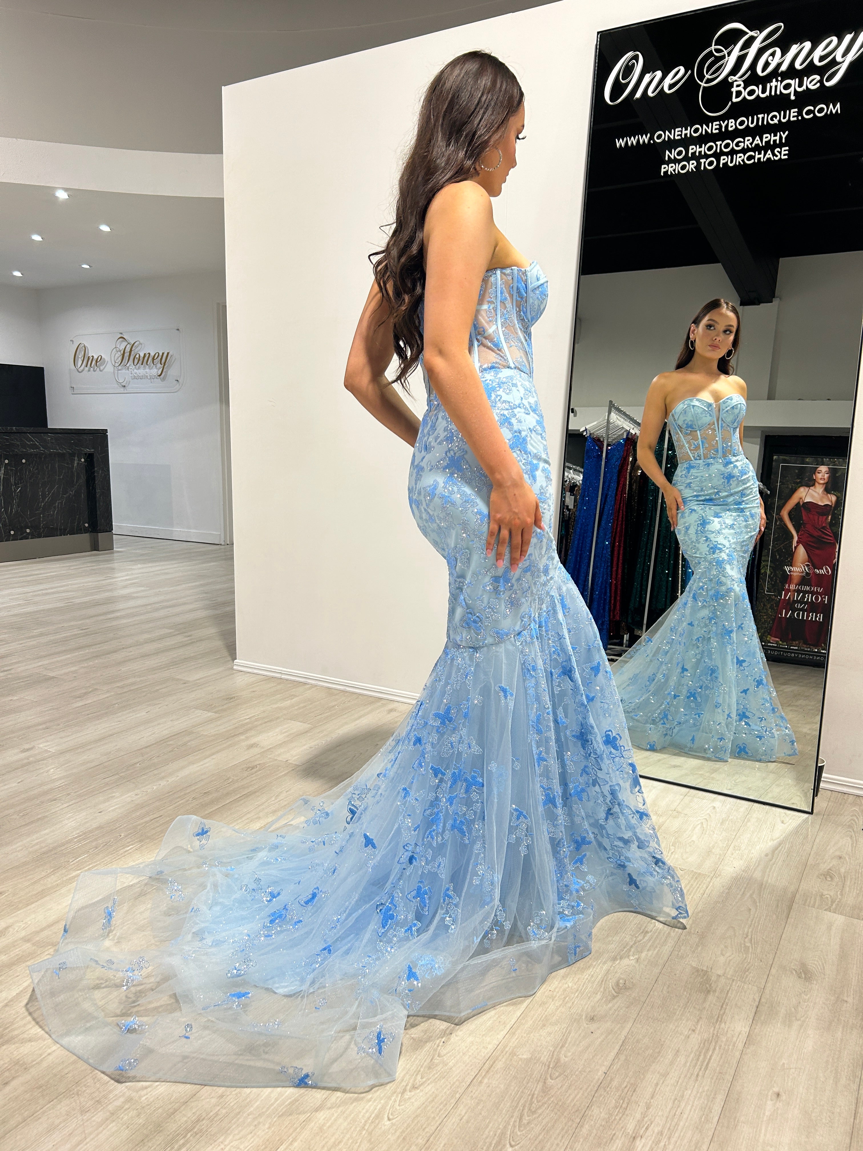 Honey Couture ENID Blue Glitter Strapless Bustier Mermaid Formal Dress