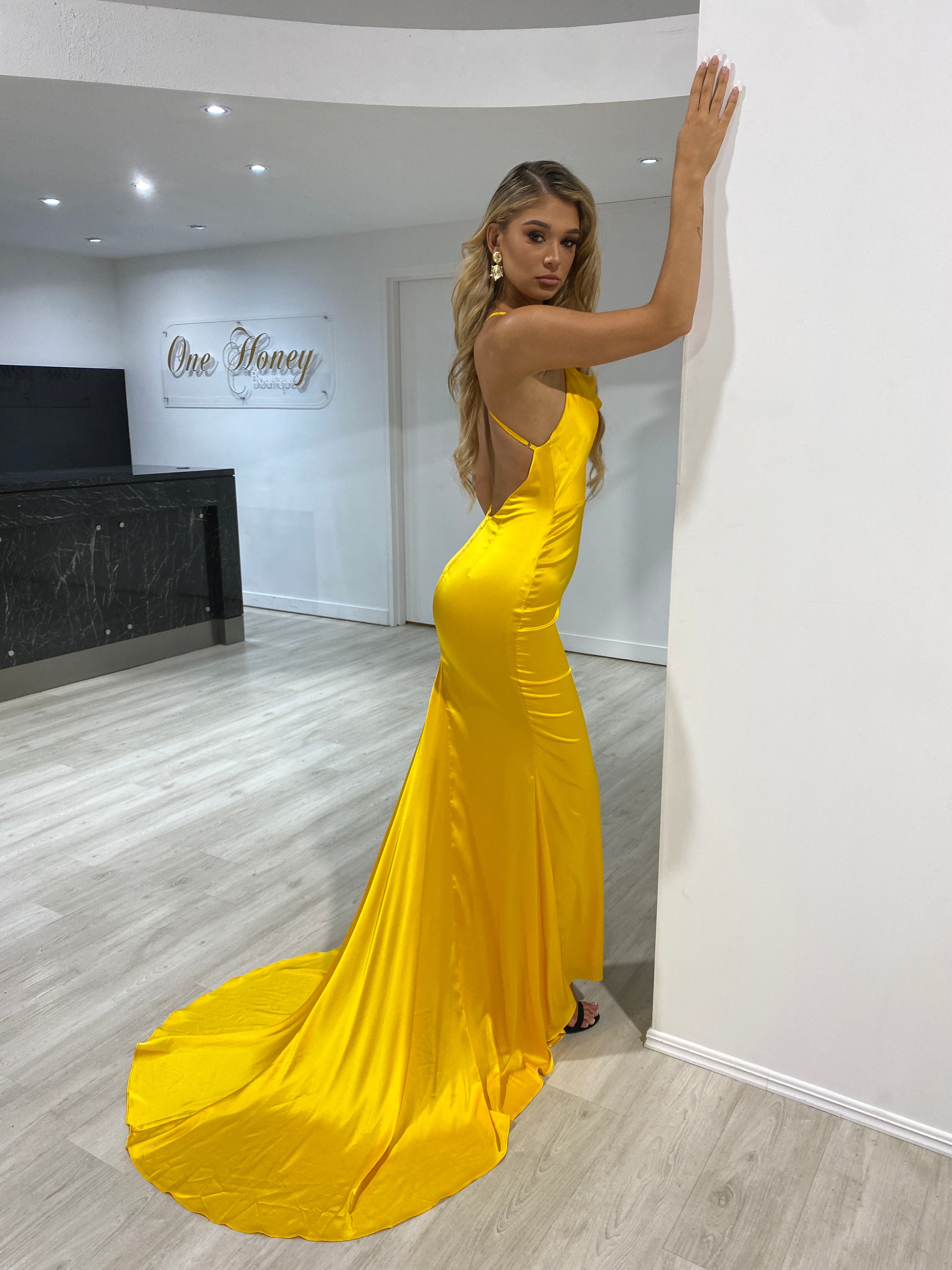 Honey Couture CANDICE Yellow Silky Low Back Mermaid Formal Dress