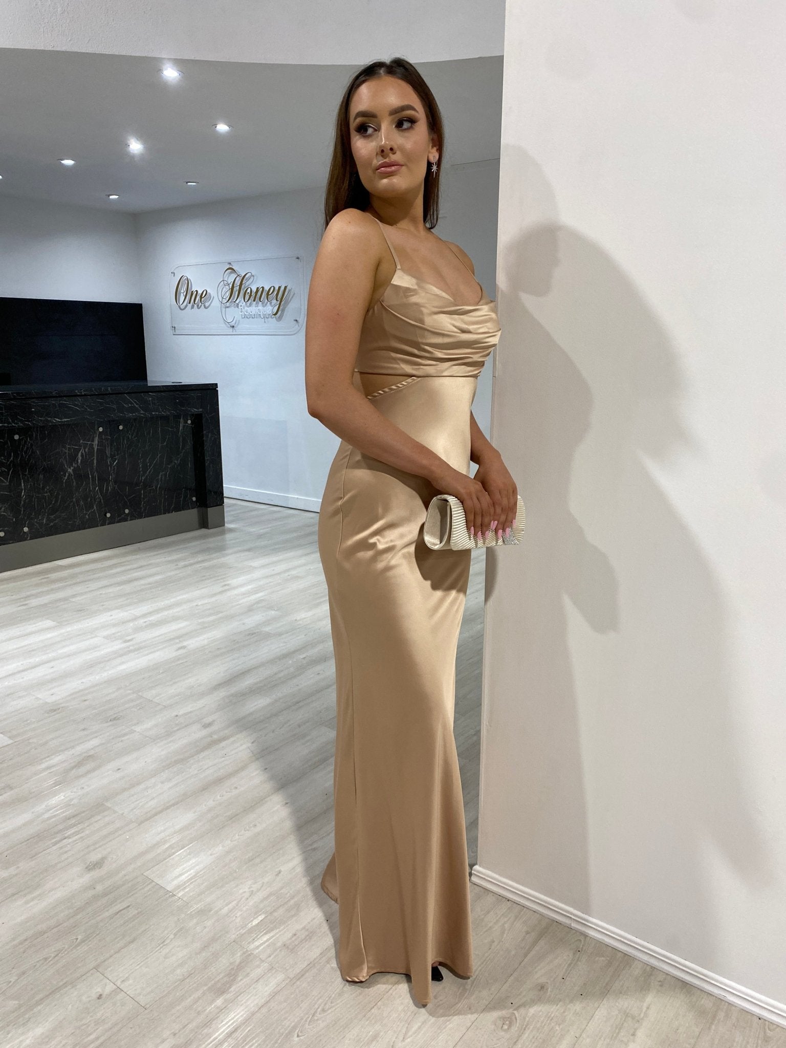 Honey Couture ELLIE Gold Silky Cut Out Maxi Dress in Australia | One Honey Boutique