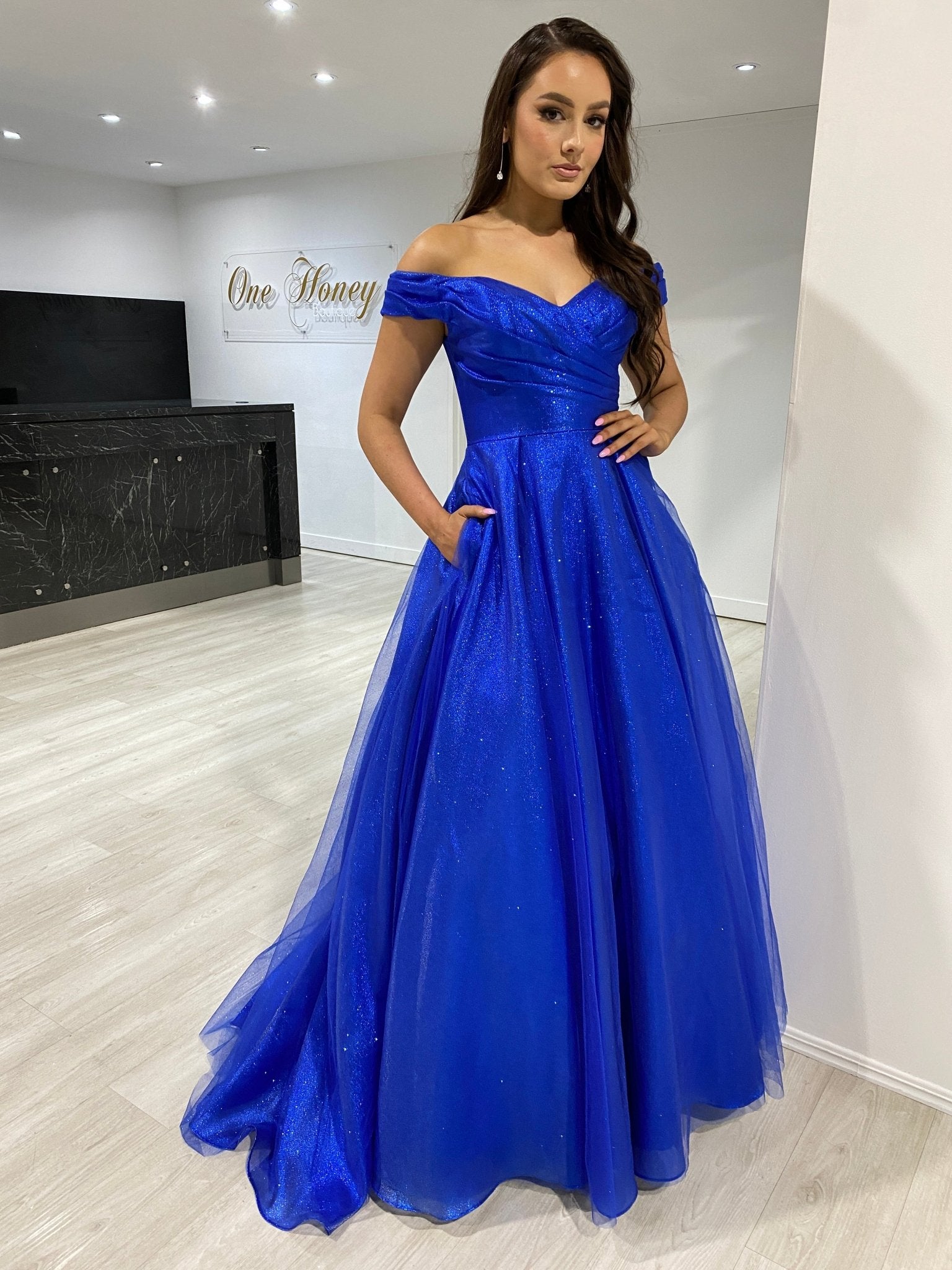 Blue Off Shoulder Gown ARIANA Shimmer Off Shoulder Ballgown Formal