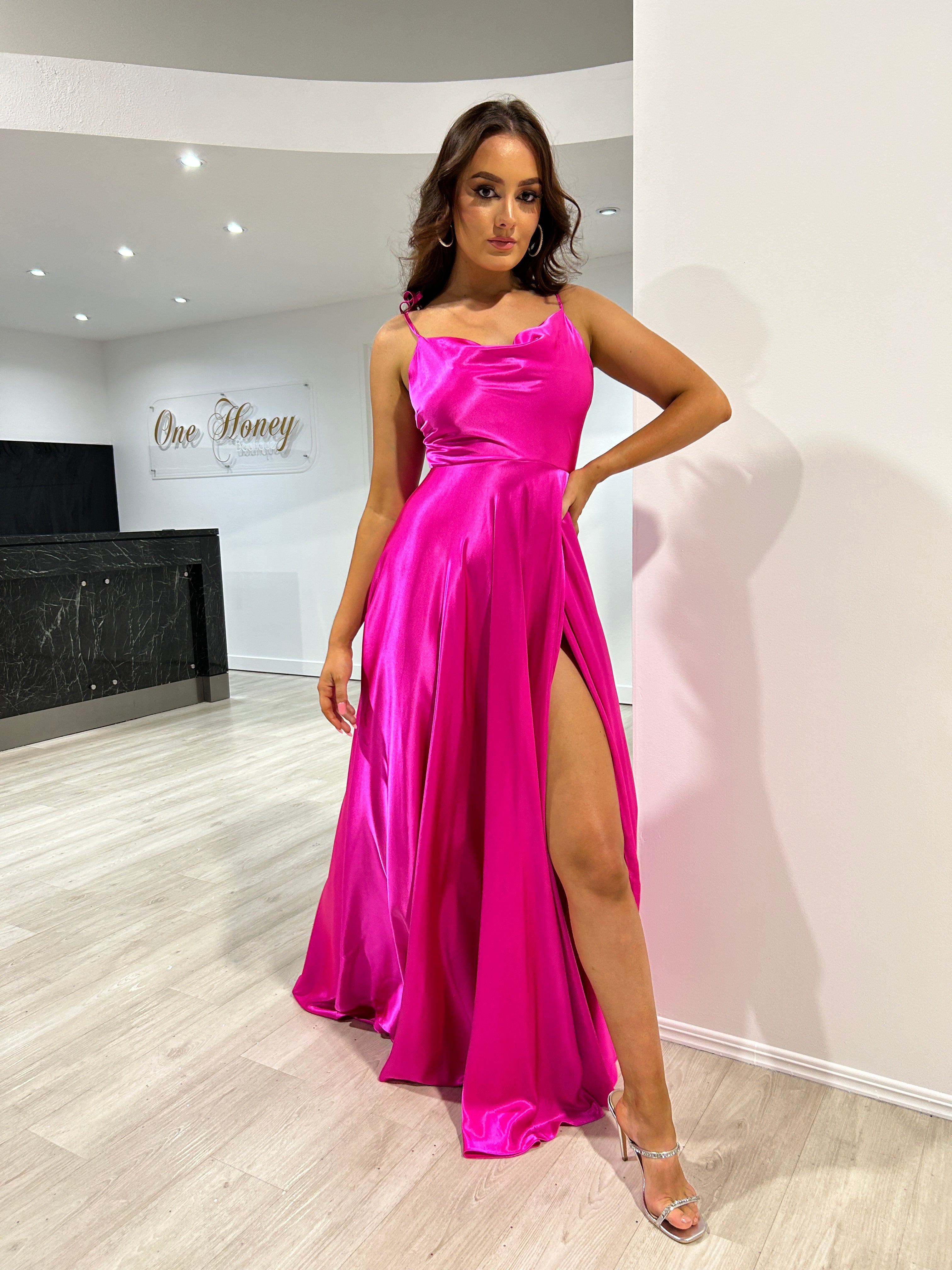 Honey Couture XENA Hot Pink Tie Up A-Line Formal Bridesmaid Dress