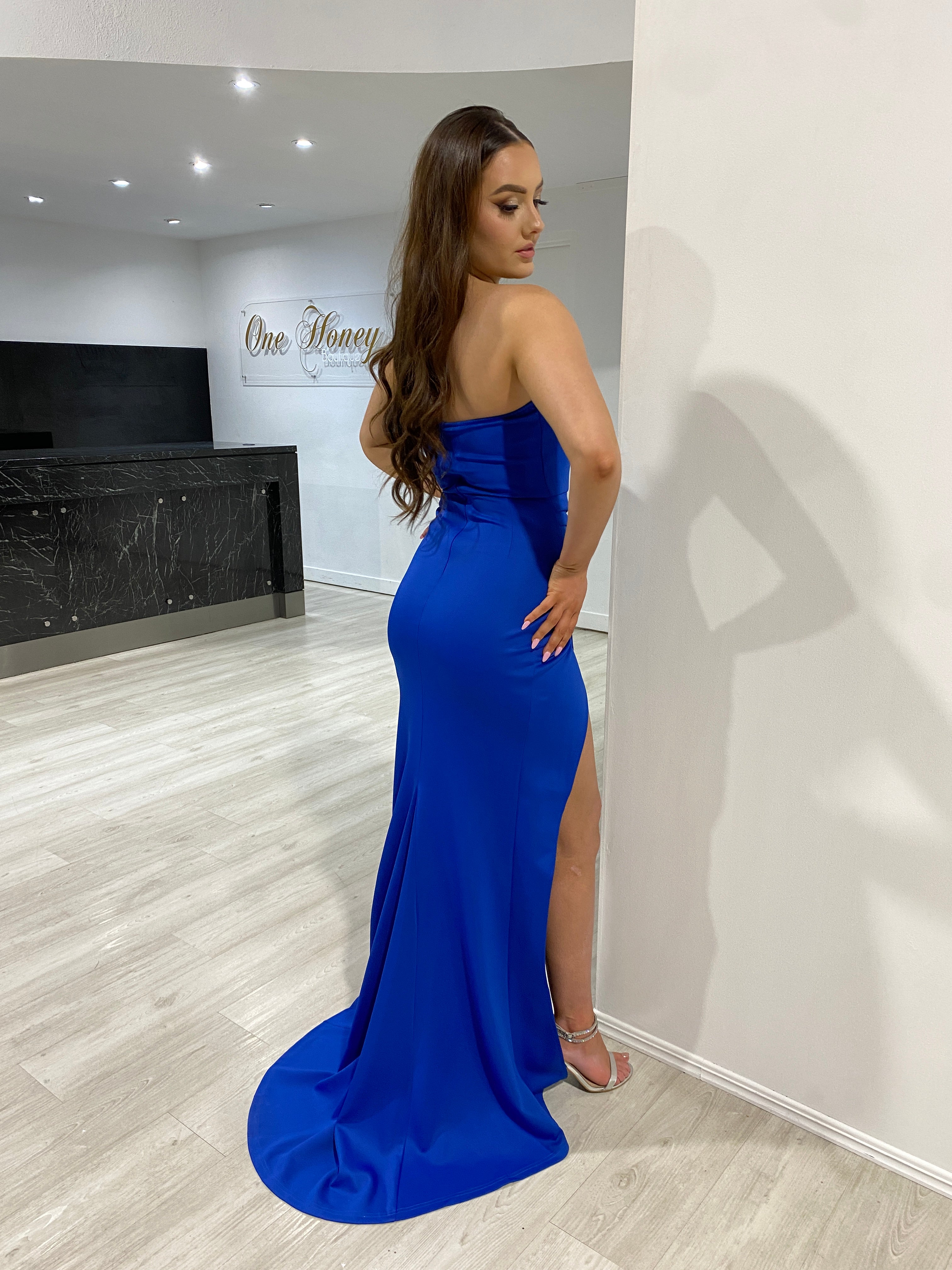 Honey Couture CYNTHIA Blue Silky Bustier Strapless Mermaid Formal Dress