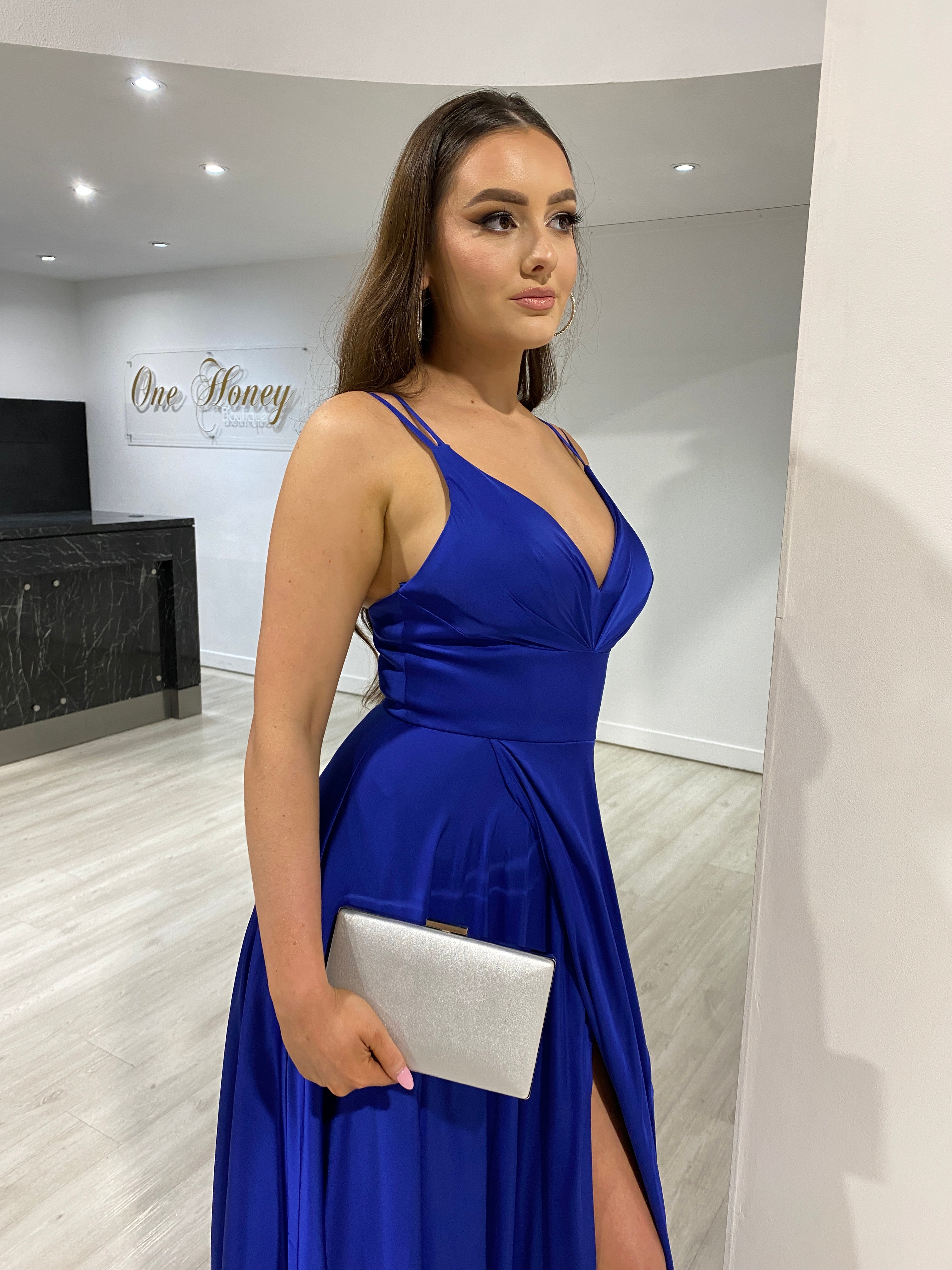 Honey Couture ROSALIA Royal Blue Silky A Line Formal Dress