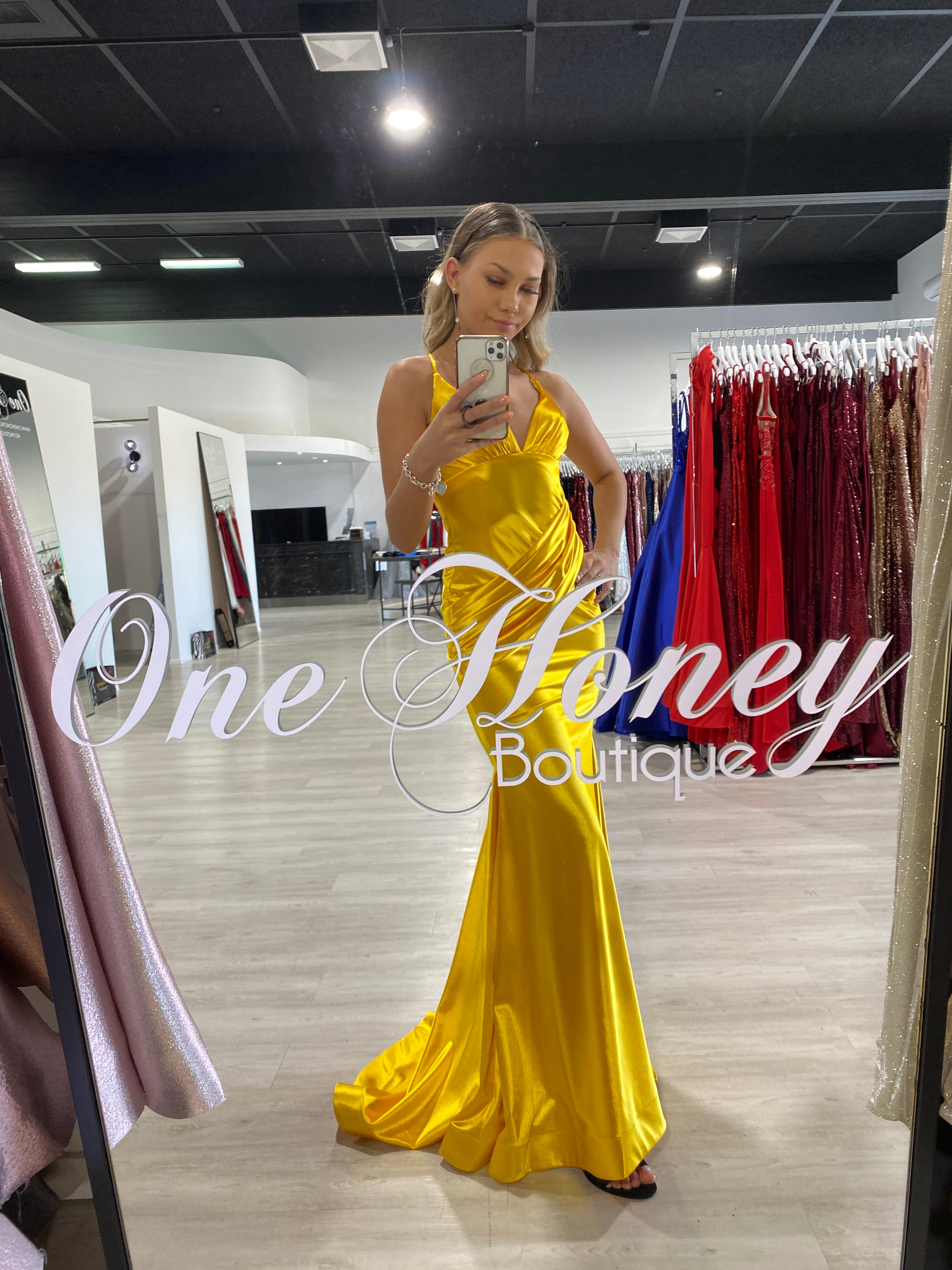 Honey Couture COCO Yellow Low Back Bum Ruching Mermaid Formal Dress