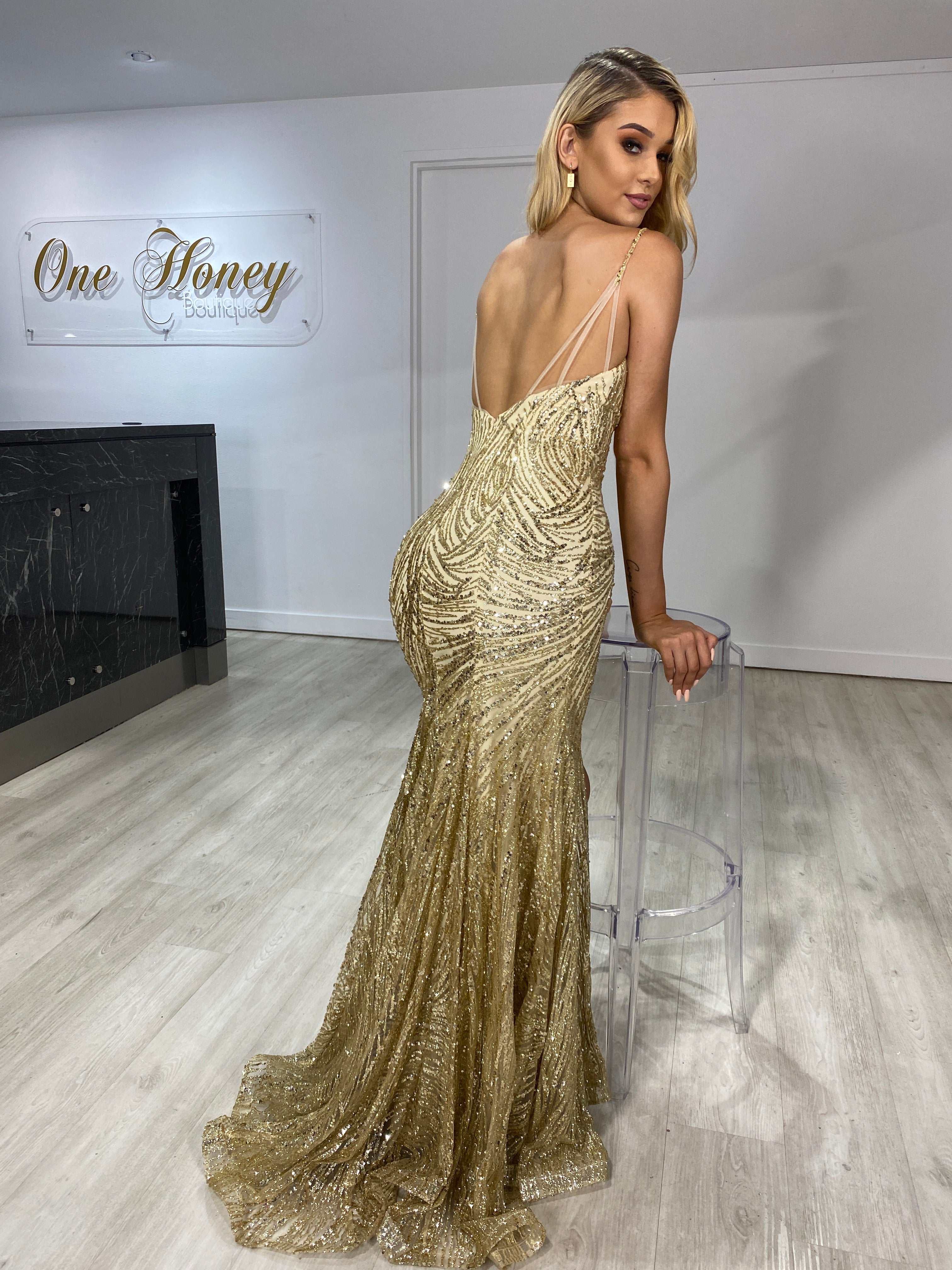 Honey Couture ISABELLA Gold Sequin Mermaid Formal Gown Dress