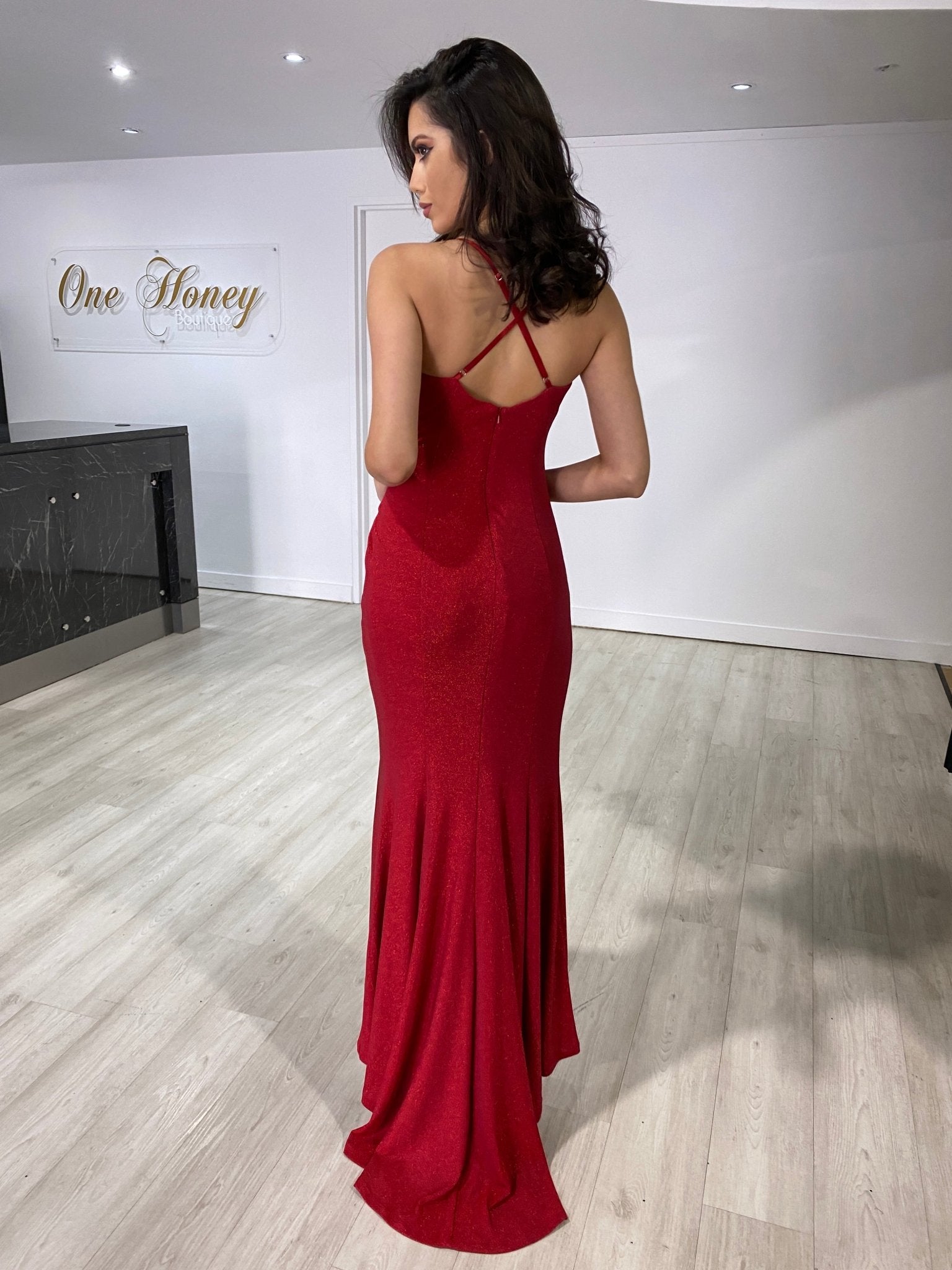 The BELINDA Red Ruching Mermaid Evening Gown Dress in Australia | One Honey Boutique