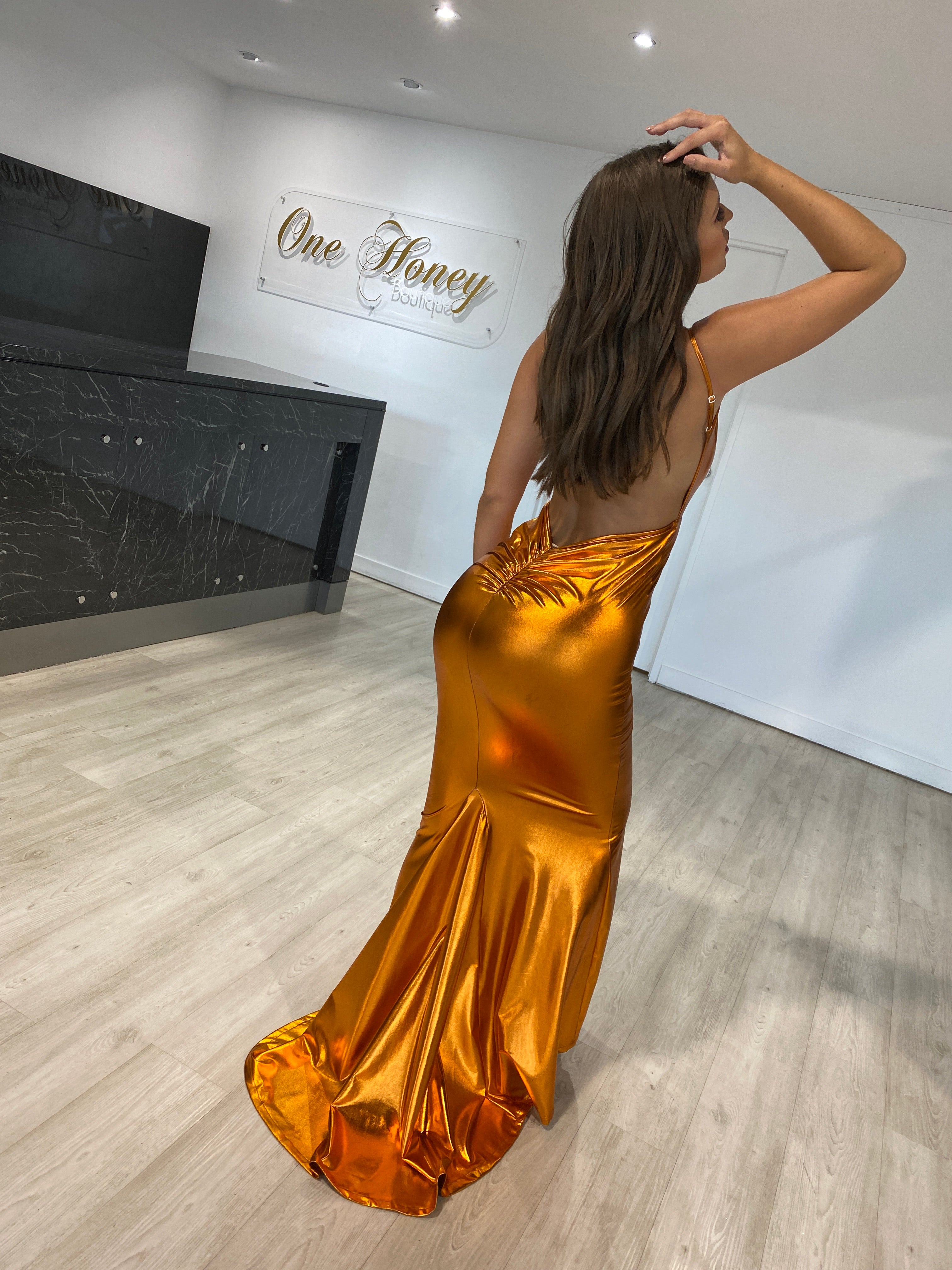 Honey Couture MILEE Metallic Orange Low Back Mermaid Evening Gown Dress