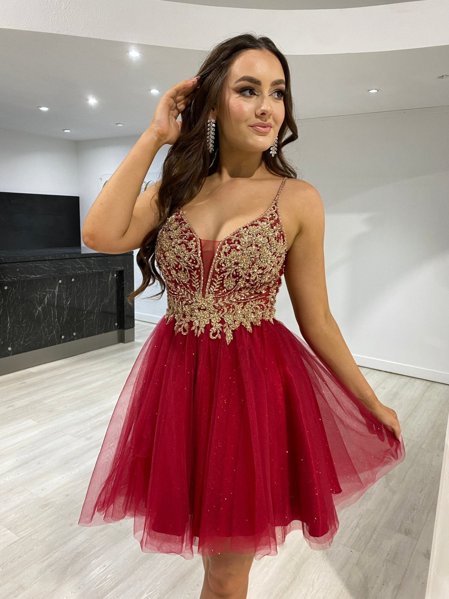 Honey Couture AMBROSIA Burgundy & Gold Sequin Beaded Strap Tulle Frilly Party Dress in Australia | One Honey Boutique