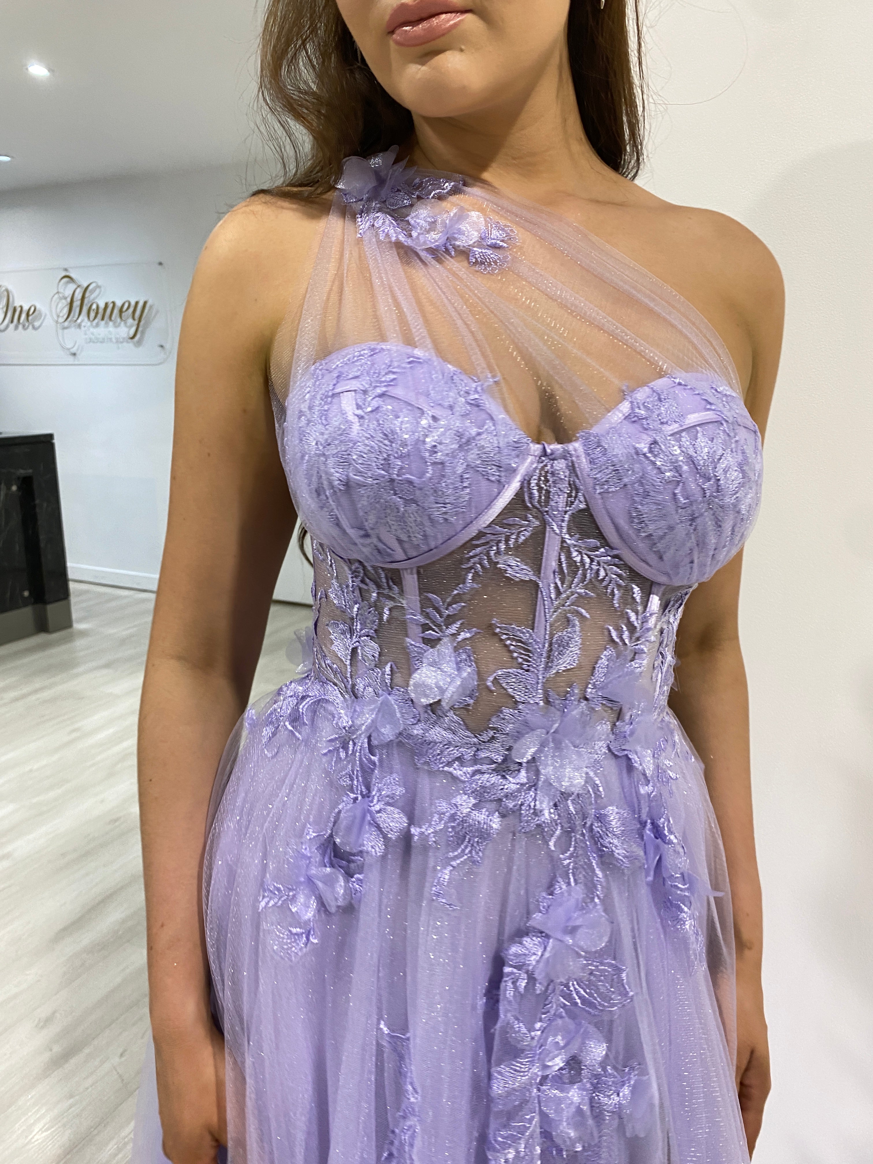 Honey Couture LUCIA Lilac Purple Sheer Bustier Corset Tulle Formal Gown