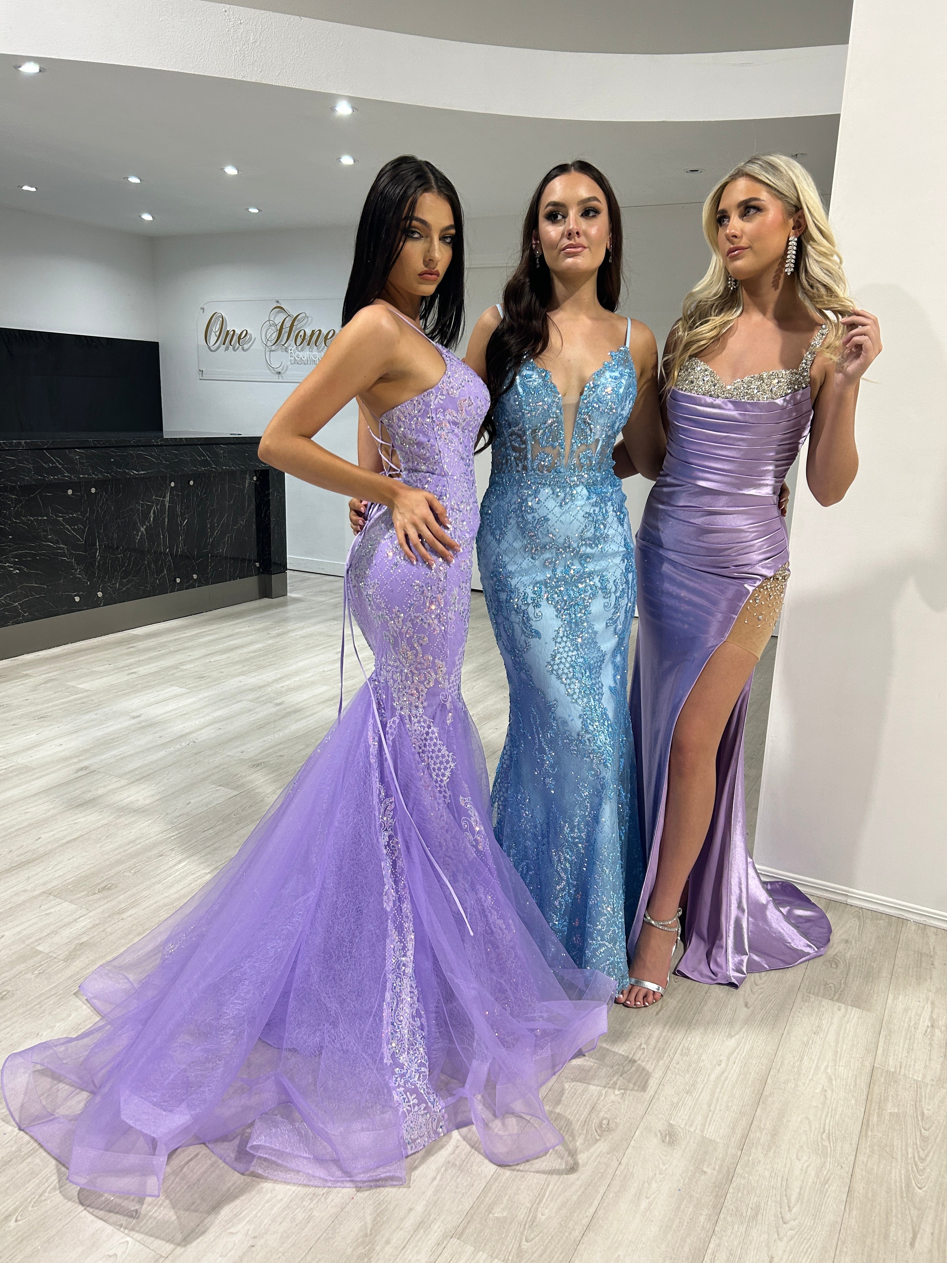 Honey Couture ELENI Lavender Beaded Bust Silky Mermaid Formal Dress