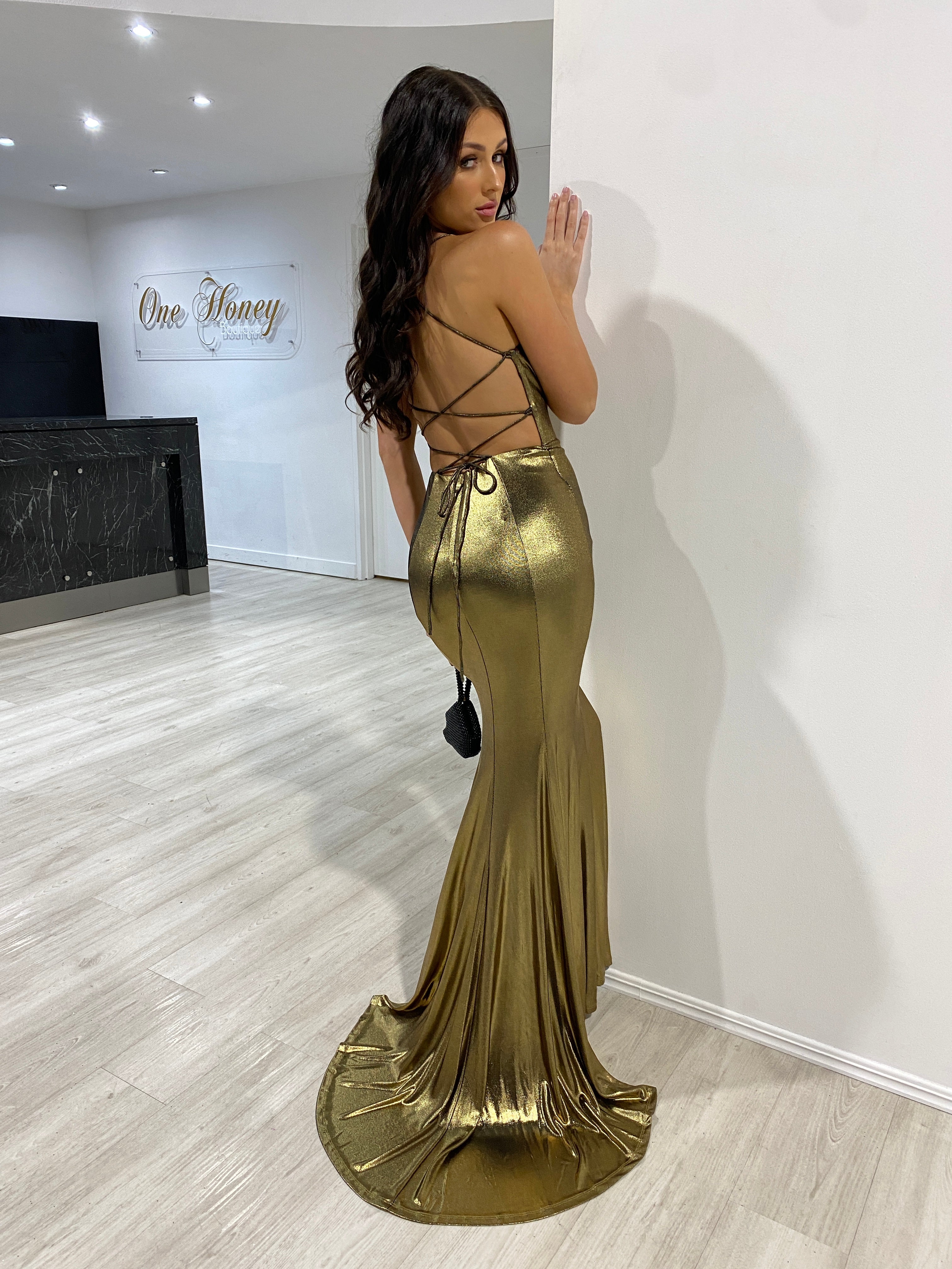 Honey Couture DITA Copper Gold Lace Up Corset Mermaid Formal Dress