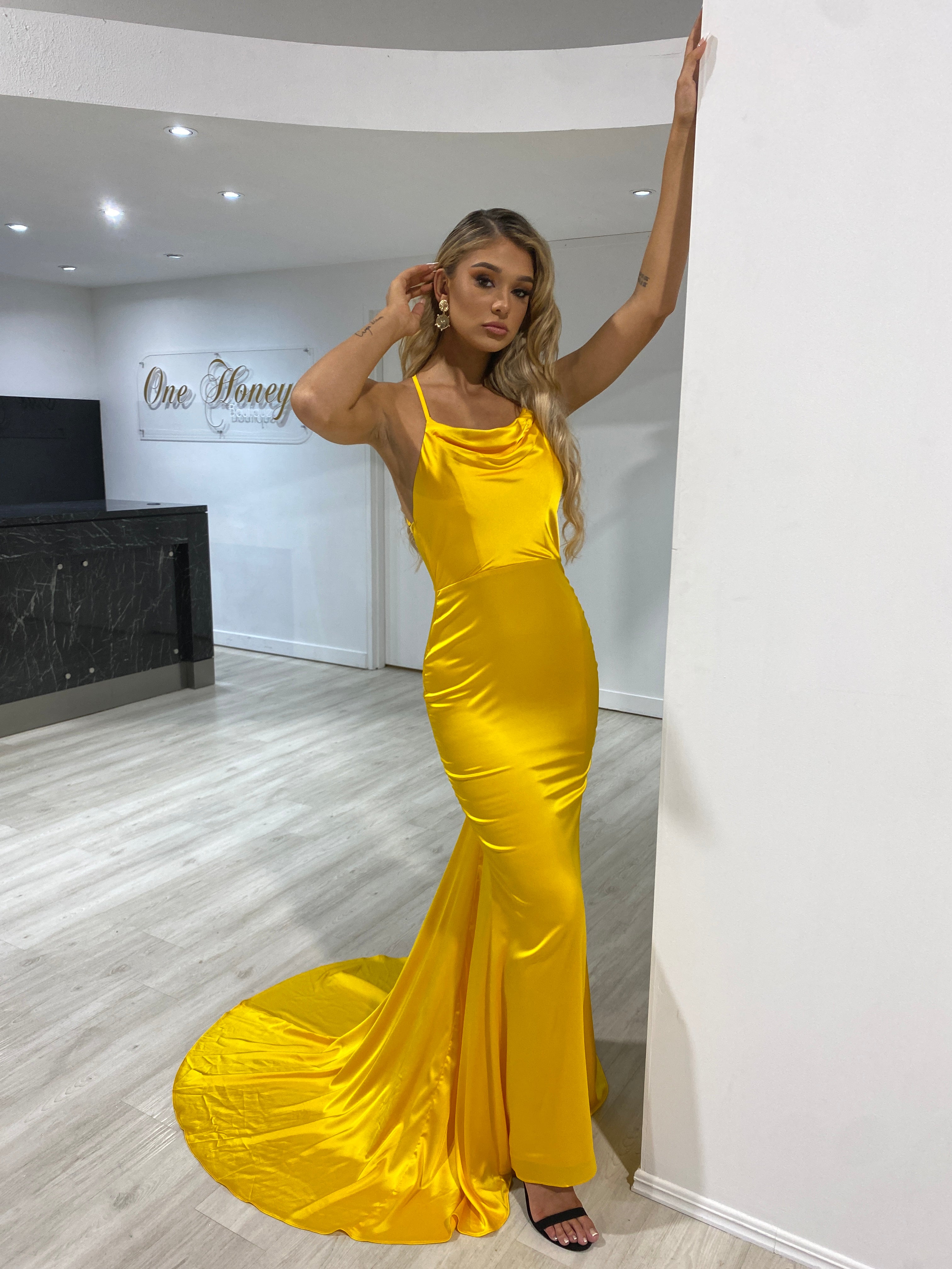 Honey Couture CANDICE Yellow Silky Low Back Mermaid Formal Dress