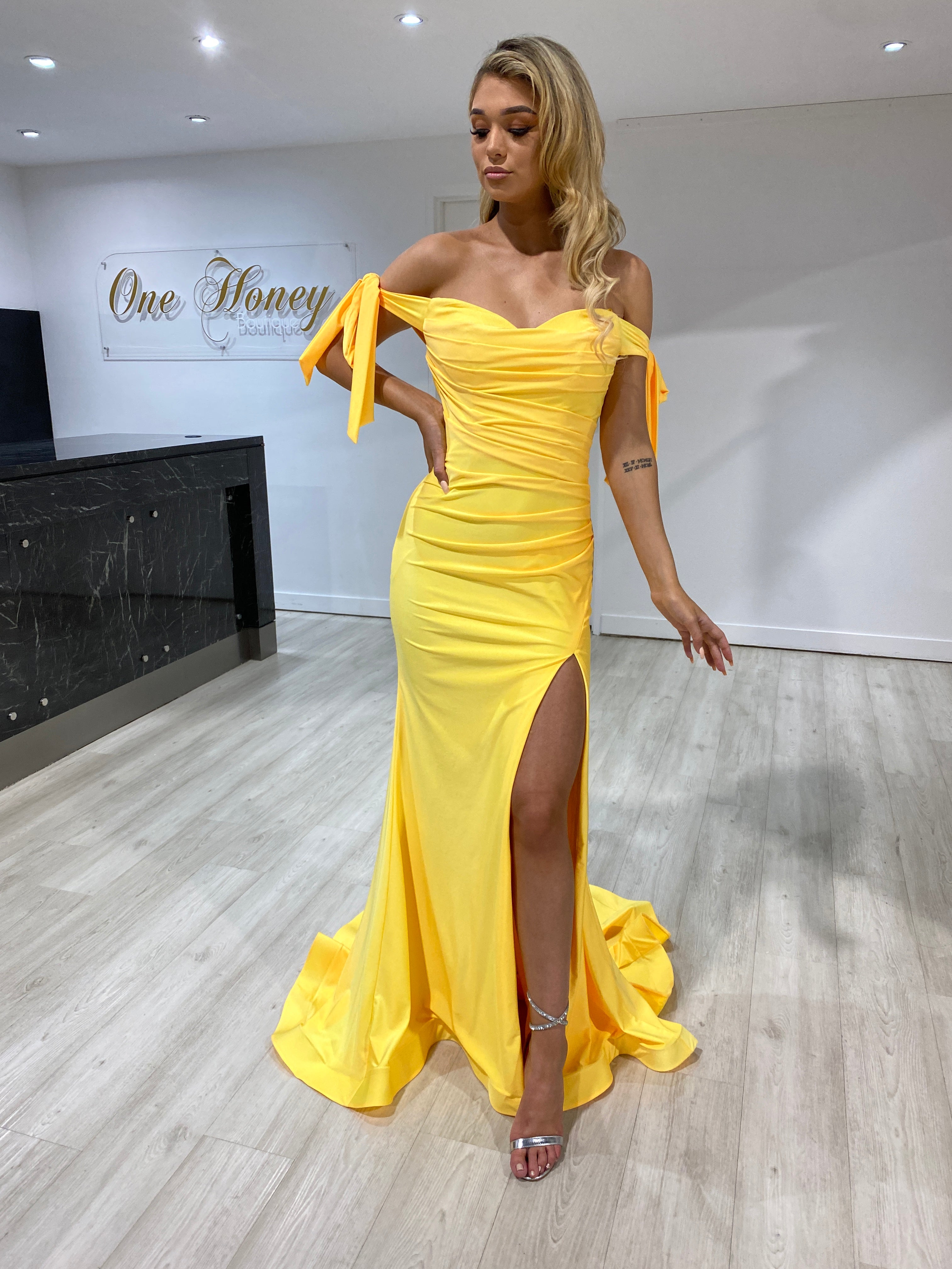 Simple yellow satin long prom dress, yellow evening dress – dresstby